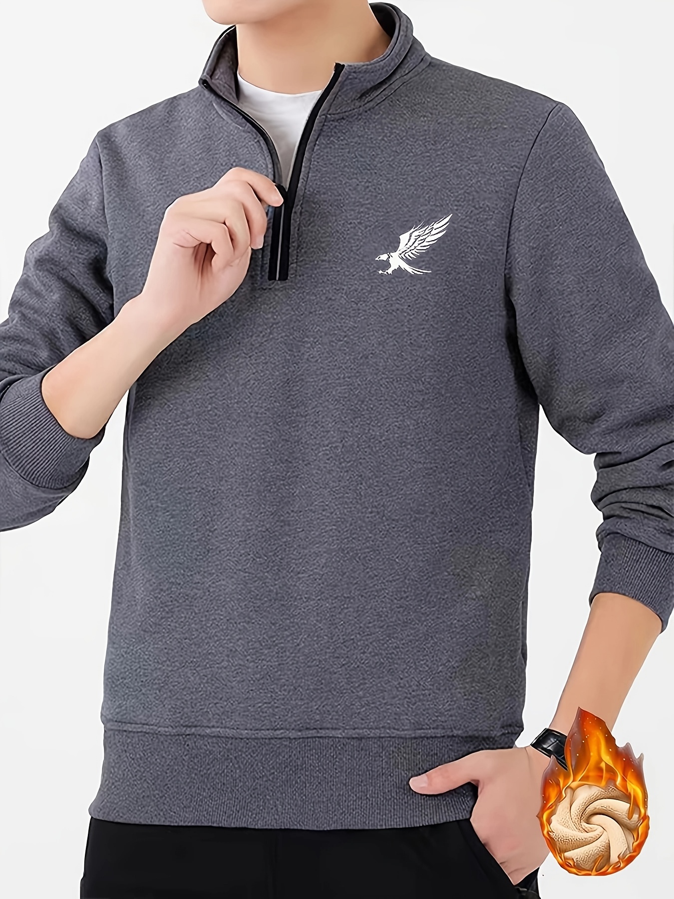 Men'S Cozy Fleece-Lined Winter Sweatshirt with Eagle Print - Warm Stand Collar, 1/4 Zip, Casual Long Sleeve for Fall & Winter, Brown with White Logo, Cozy Clothing | Casual Style | Durable Fabric, Thick