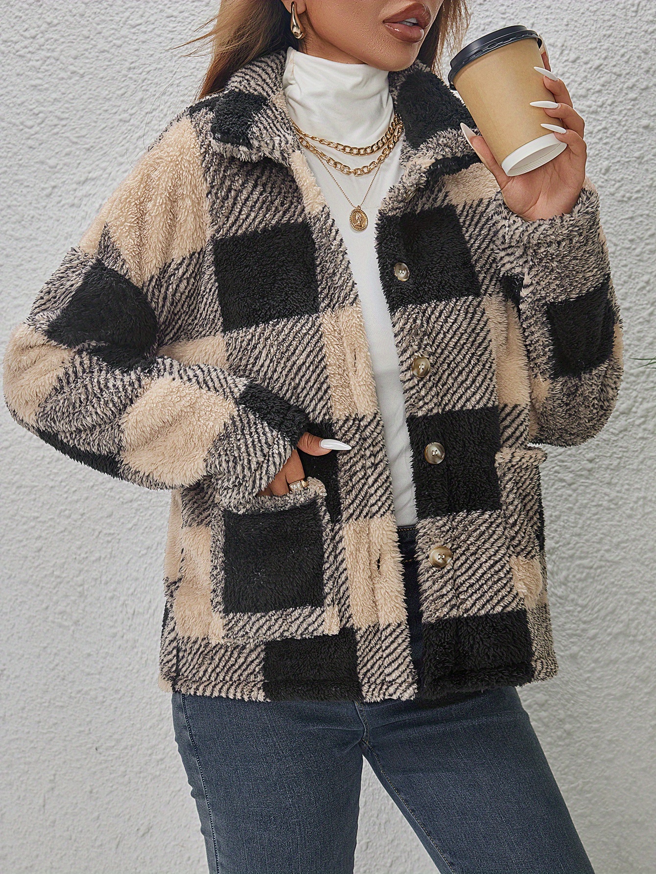 Women'S Cozy Fleece Jacket - Soft Plaid Coat with Button Front Closure, Long Sleeve Winter Outerwear for Fall & Winter, & Brown Tartan Pattern