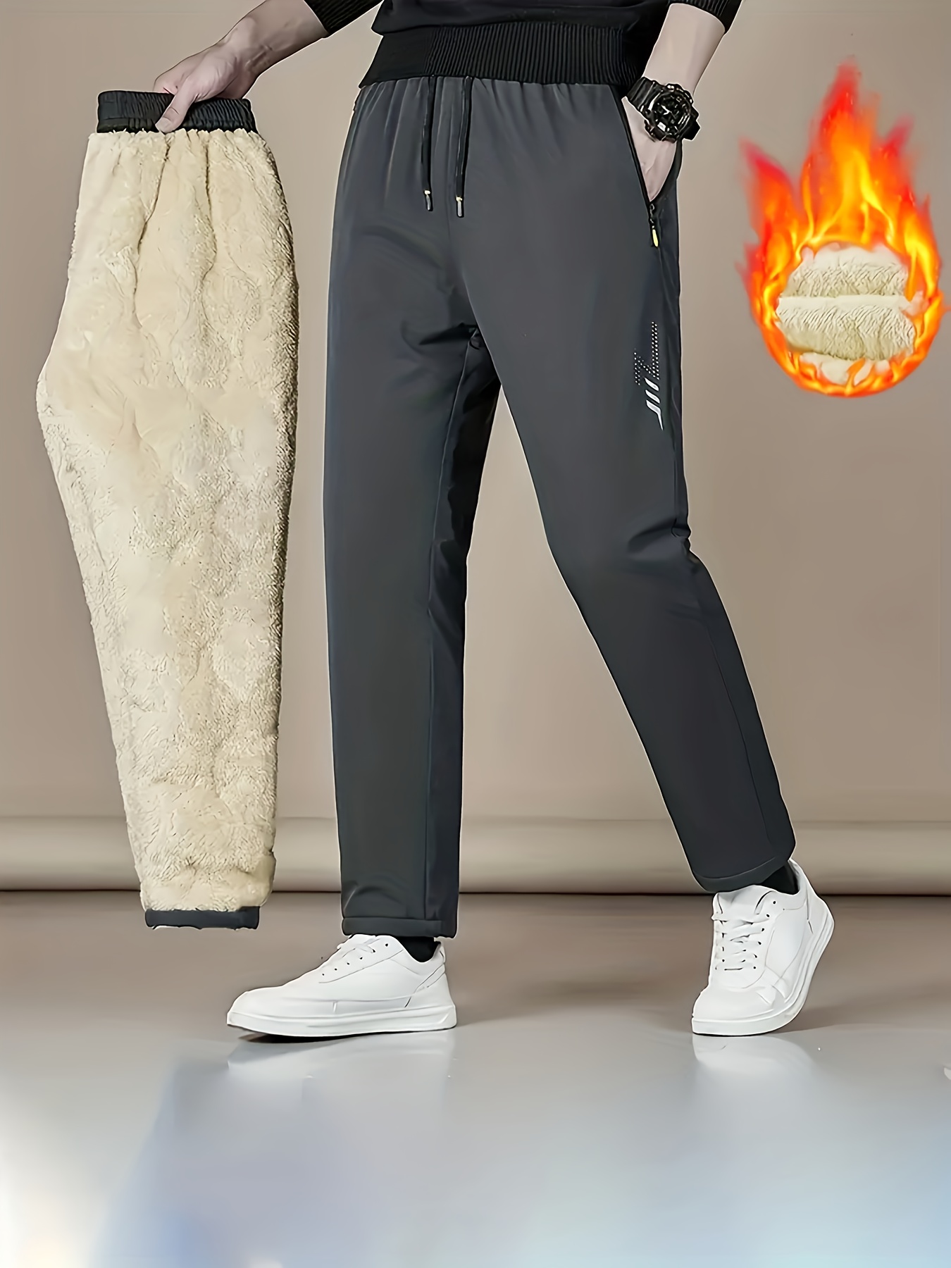 Men'S Fleece-Lined Warm Running Pants | Comfortable Soft Fabric, Dual-Side Zipper Pockets, Drawstring Waist, Ideal for Winter, Casual Style, Solid Color - Image 3