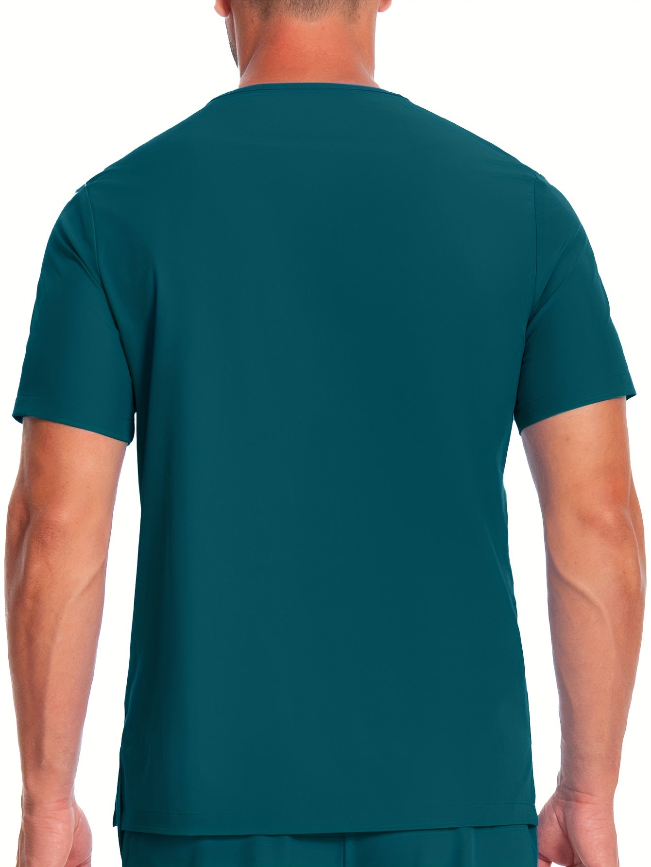 Men's Short Sleeve Work Uniform V-Neck Shirt - Breathable Stretch Polyester, Navy Blue with White Stripes & Medical Patches, Machine Washable, All-Season Comfort for Healthcare, Veterinary Clinics, Grooming Salons