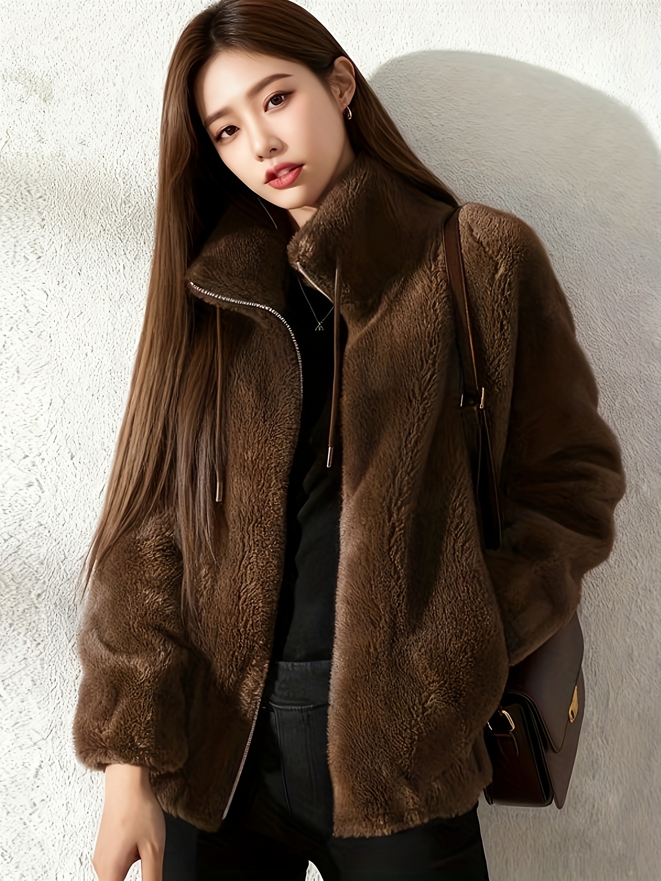 Women's Korean/ Style Plush Jacket - Windproof Winter Coat with Stand Collar & Pockets, Korean Warm Outerwear (No Belt), -Inspired Casual Long Sleeve Sweatsuit for Fall & Winter, Hand Washable (Solid Color)