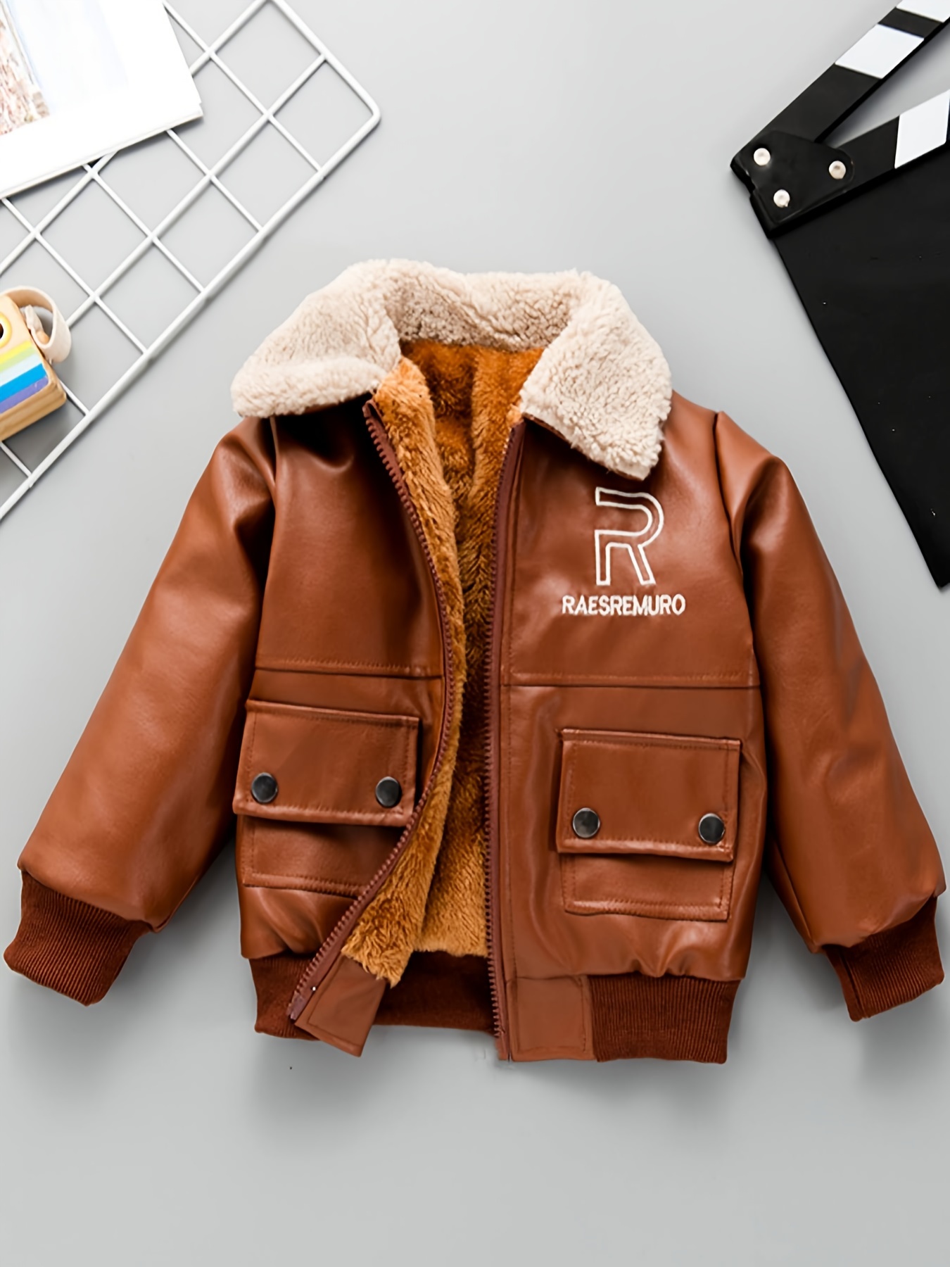 ' PU Fleece Jacket Winter Warm Zip-Up Coat with Collar & Embellished Letter '' Emblem - Hand Washable Cold-Weather Outerwear for, Playdates (Regular Fit, Zipper Closure) | for