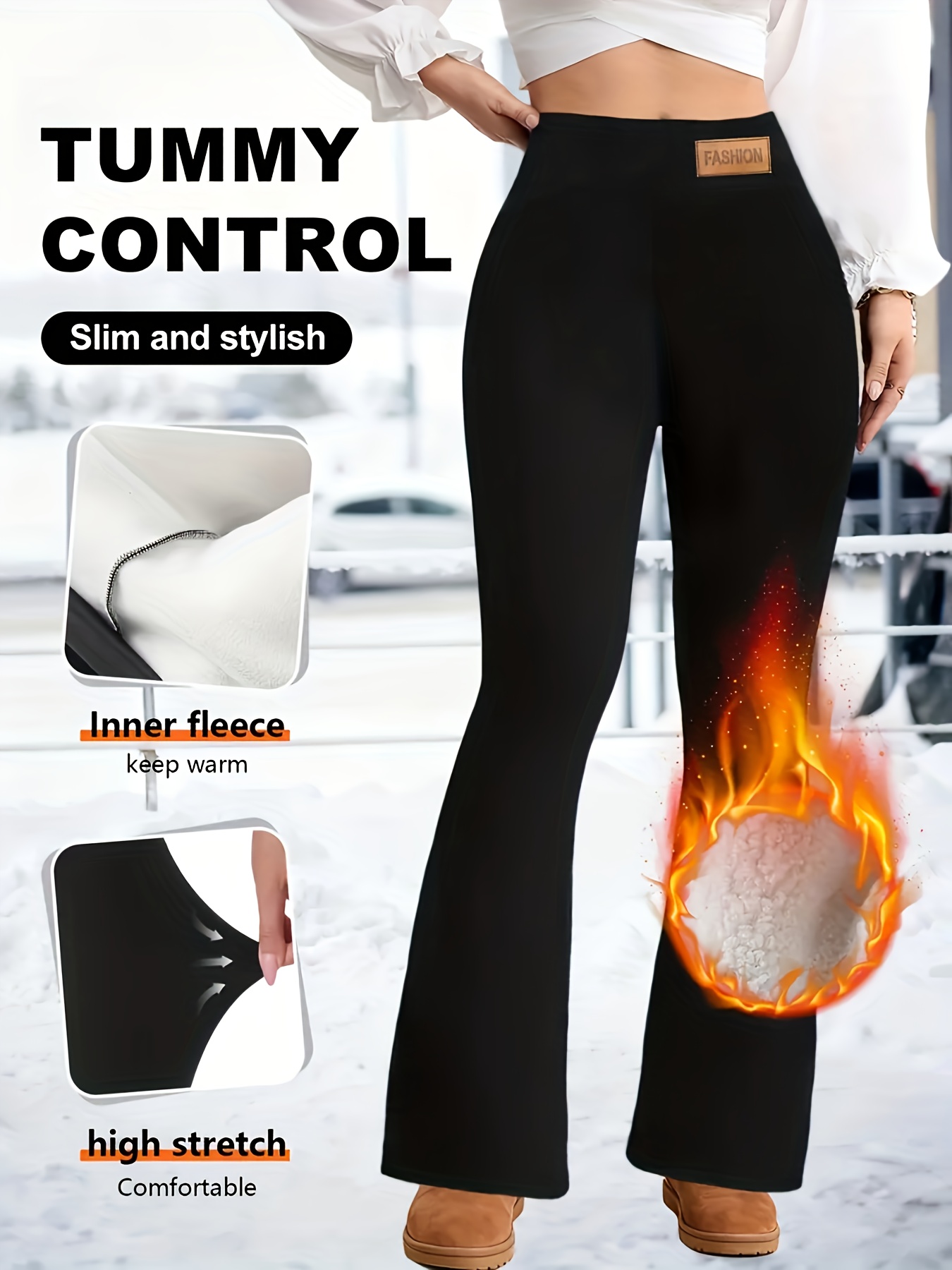 Women's High-Waisted Wide-Leg Thermal Trousers with - Winter Warmth Pants, Slim-Fit Inner for Jeans-like Wear, Machine Washable & Tummy Control (No Bulk) - Elegant Cold-Resistant Full-Length Leggings