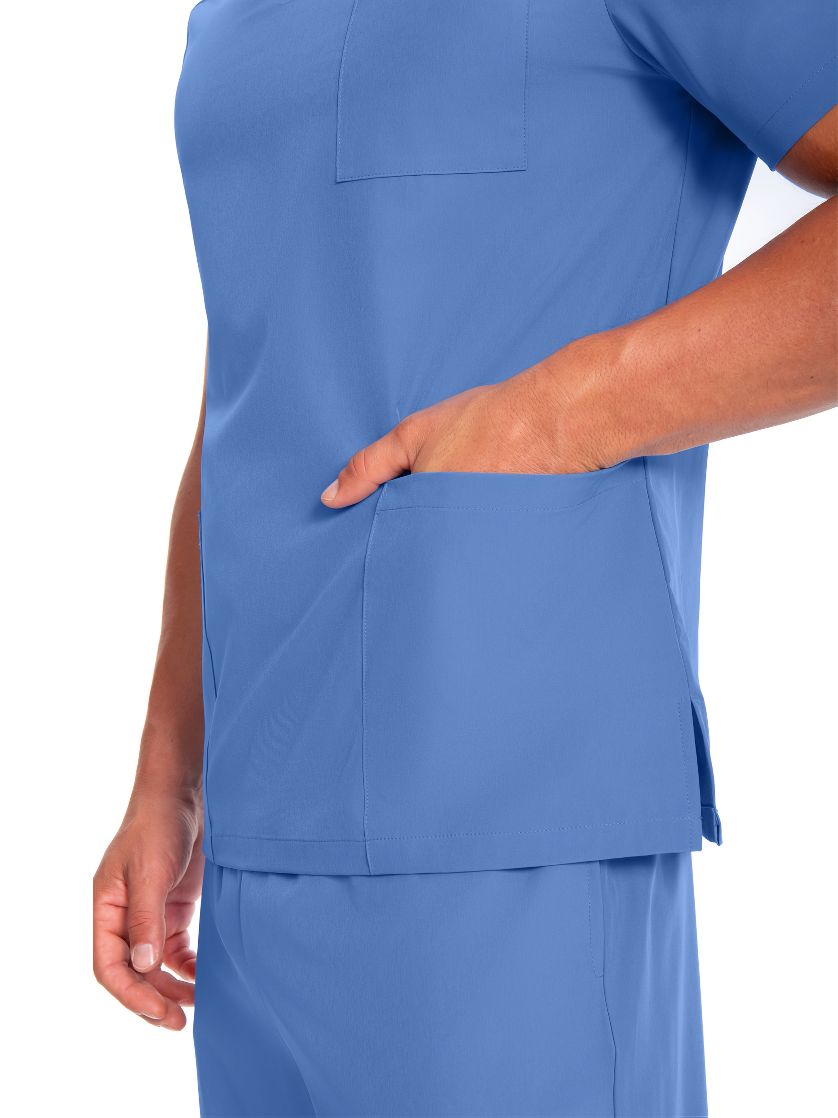 Men's Short Sleeve Work Uniform V-Neck Shirt - Breathable Stretch Polyester, Navy Blue with White Stripes & Medical Patches, Machine Washable, All-Season Comfort for Healthcare, Veterinary Clinics, Grooming Salons