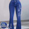 [Denim Print/Imitation Denim] Women's Slim-Fit Stretch Denim-Like Leggings - Elegant White Floral Print on Navy Blue, All-Season Skinny Pants with Belt-Like Waist (No Belt Needed), Machine Washable Tight Trousers for Jeans & Dress Wear, Casual to