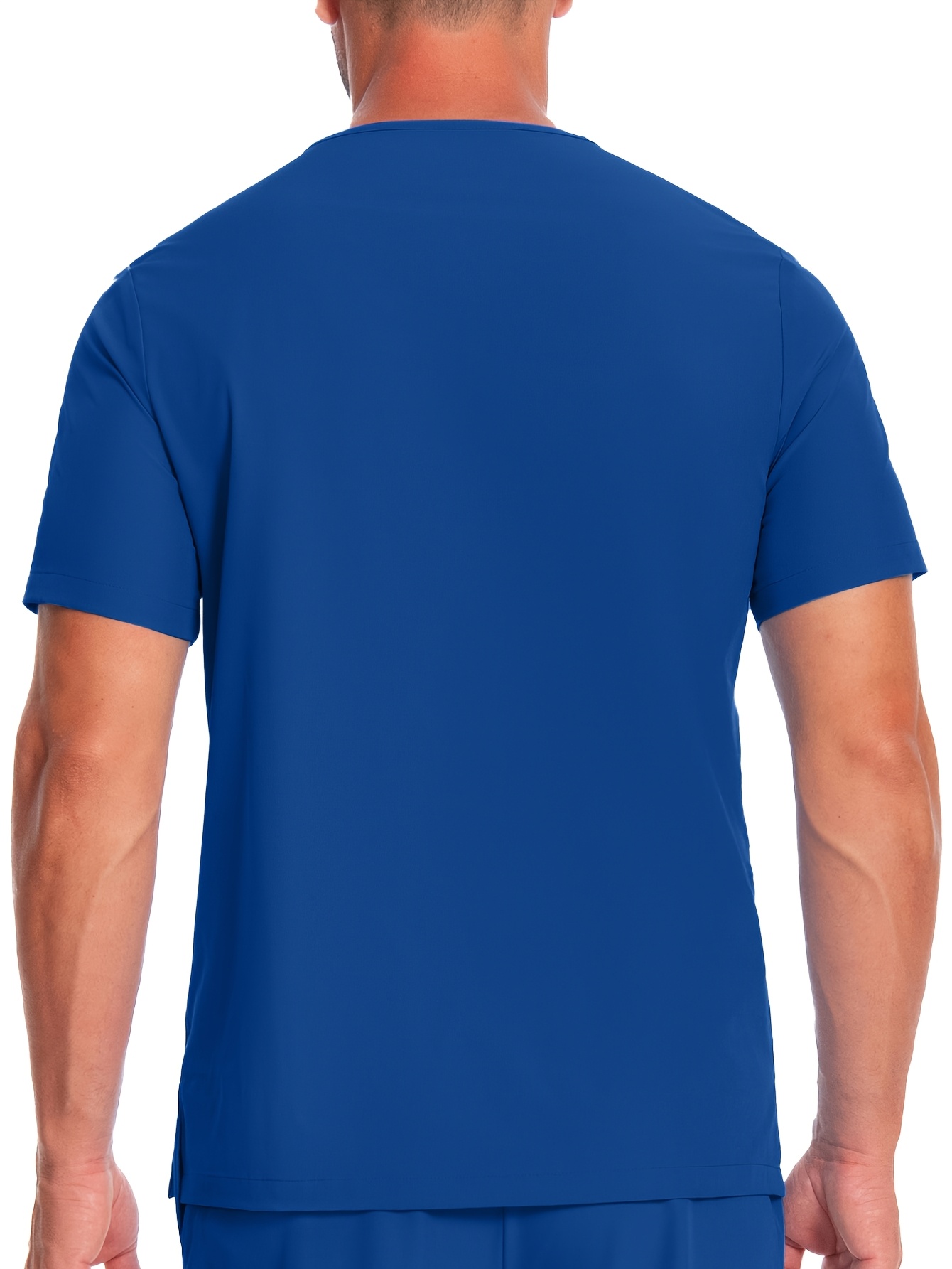 Men's Short Sleeve Work Uniform V-Neck Shirt - Breathable Stretch Polyester, Navy Blue with White Stripes & Medical Patches, Machine Washable, All-Season Comfort for Healthcare, Veterinary Clinics, Grooming Salons