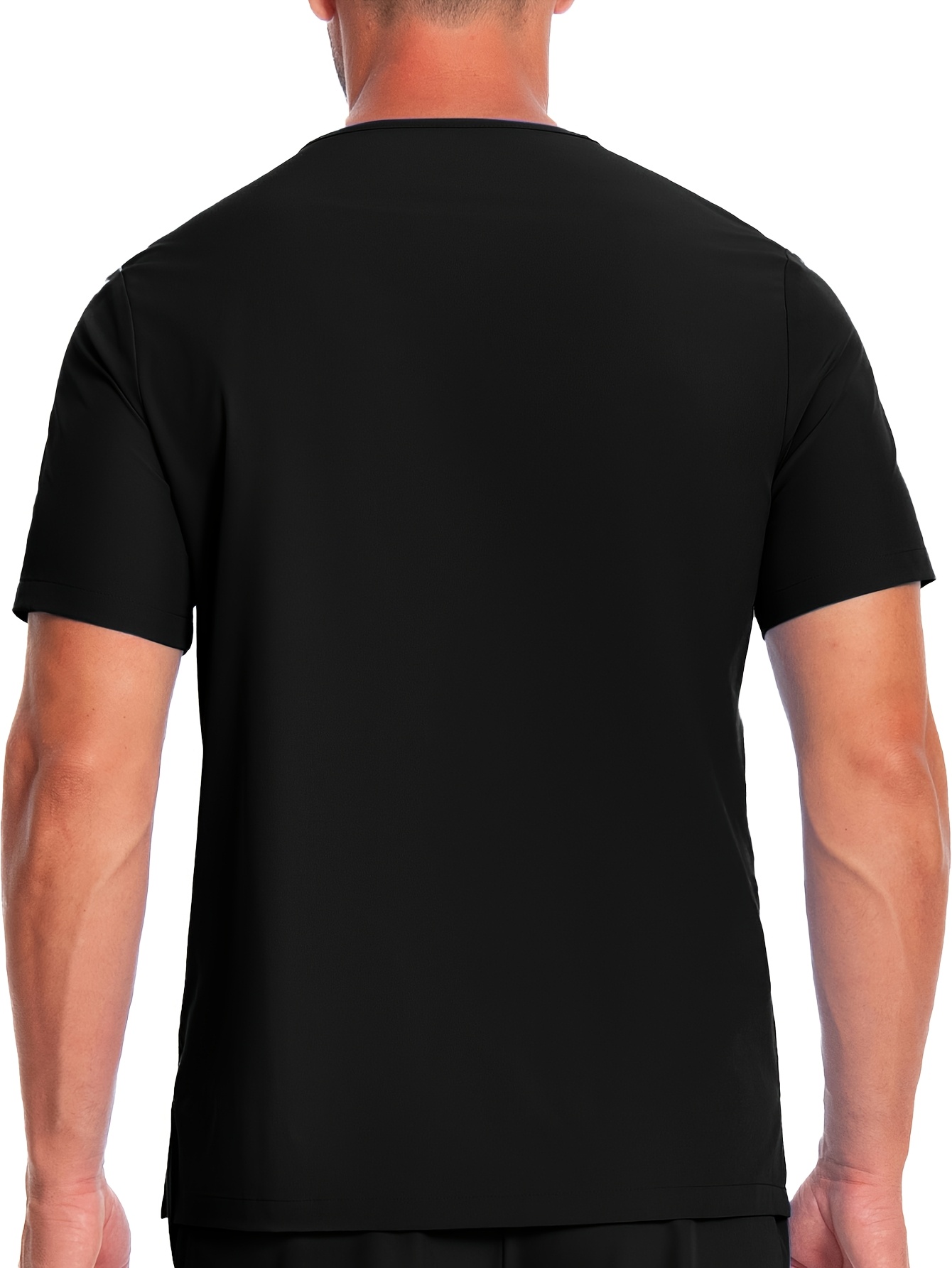 Men's Short Sleeve Work Uniform V-Neck Shirt - Breathable Stretch Polyester, Navy Blue with White Stripes & Medical Patches, Machine Washable, All-Season Comfort for Healthcare, Veterinary Clinics, Grooming Salons