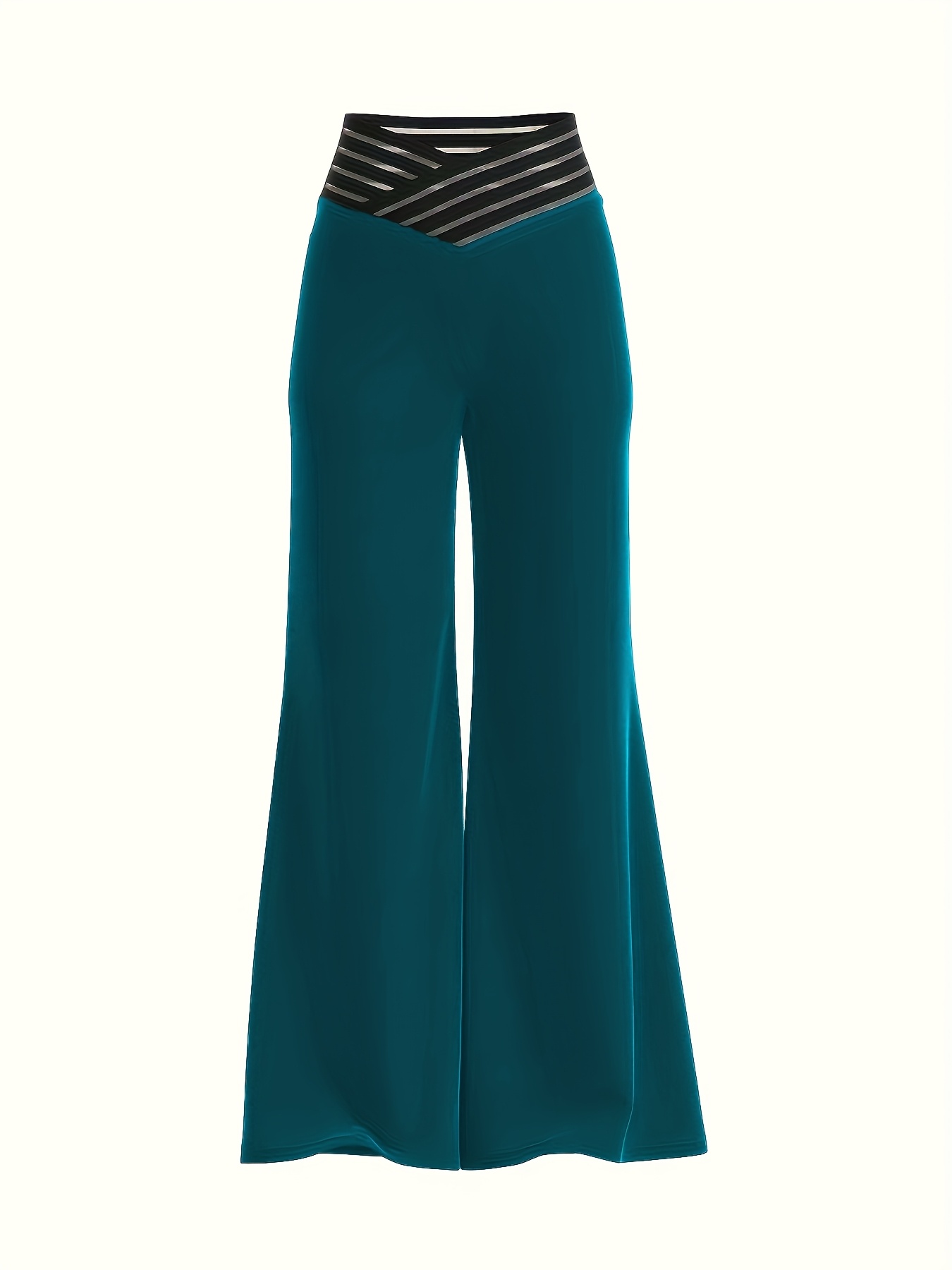 Women's High-Waist Flare Pants with Cross-Front Mesh Detail - Dark Teal, Elegant Bell Bottoms, Machine Washable, All-Season Comfort, Perfect for Casual or Dressy Occasions - Image 4