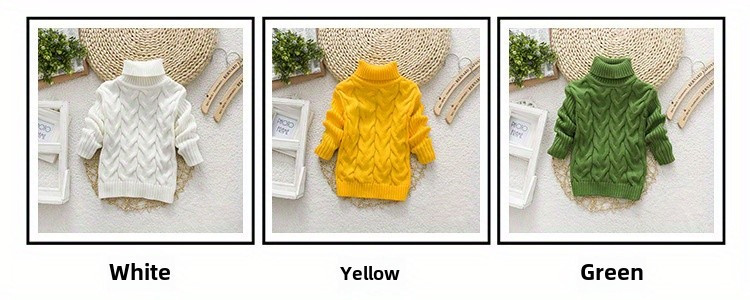 [Kids' | Casual Sweater] 1pc Kids' Casual High Neck Sweater | Solid Color Knit Pullover with Torsade Pattern, Stretch Fabric, Long Sleeve Top | for Boys and Girls - Autumn/Winter Collection