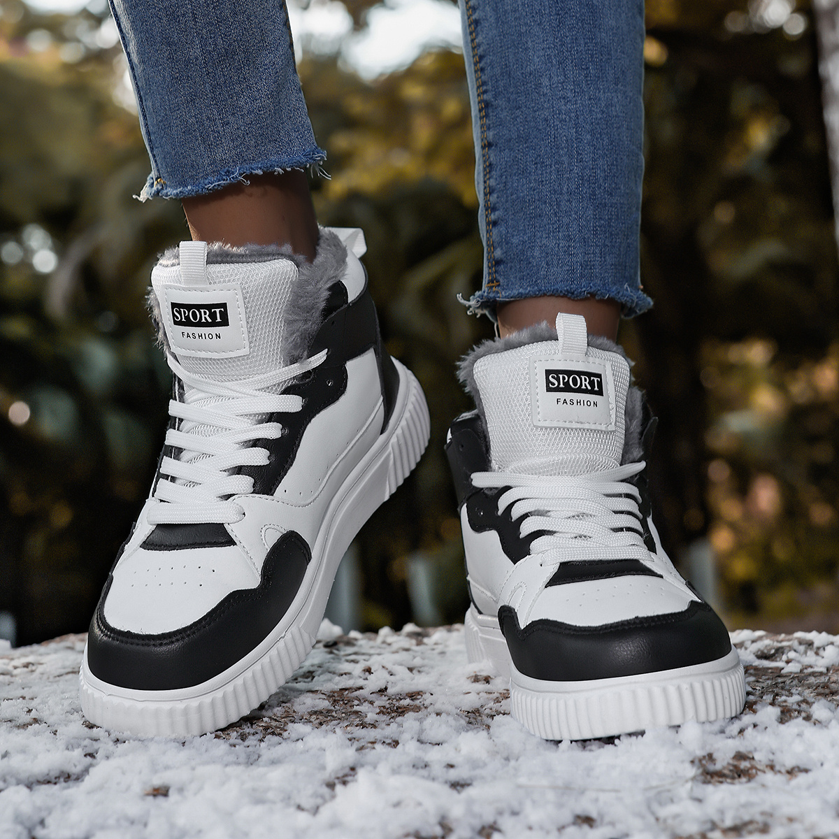 Women'S Winter High-Top Boots - Warm Fleece-Lined Ankle Boots with Thick MD Sole, Lace-Up Casual Style, Lightweight and Comfortable for Cold Weather, Perfect for Casual Attire, Winter Boots, White Boot For Woman With Black Sole, Bootie Sneaker For Woman, High White Sneaker For Woman, Wide White Sneaker Casual Woman, Addie Shoe For Women