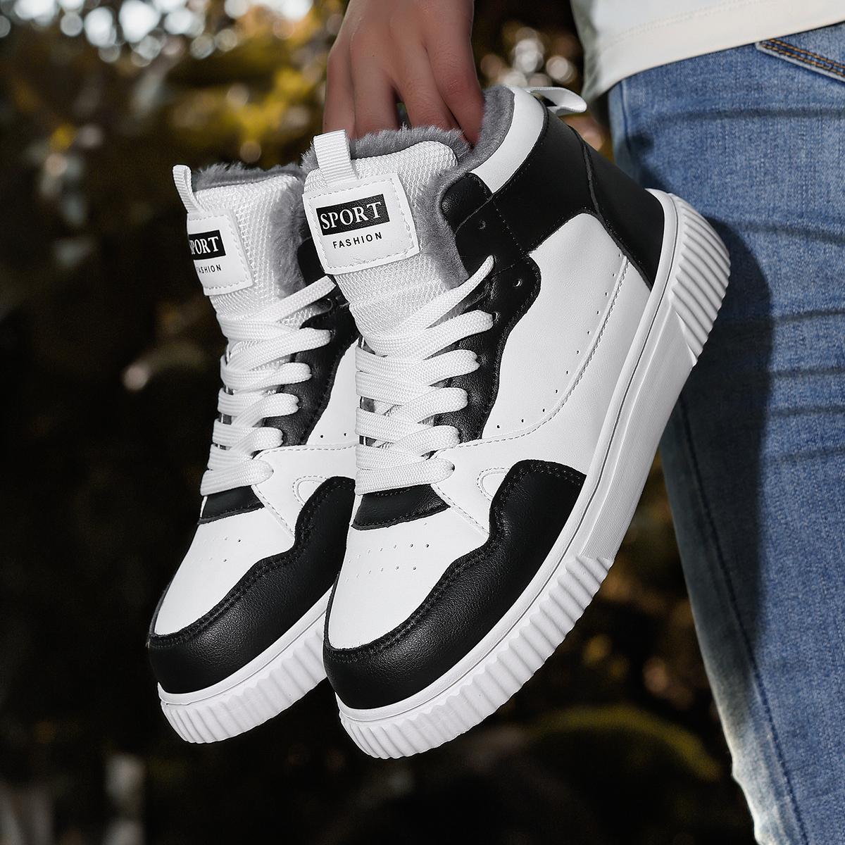 Women'S Winter High-Top Boots - Warm Fleece-Lined Ankle Boots with Thick MD Sole, Lace-Up Casual Style, Lightweight and Comfortable for Cold Weather, Perfect for Casual Attire, Winter Boots, White Boot For Woman With Black Sole, Bootie Sneaker For Woman, High White Sneaker For Woman, Wide White Sneaker Casual Woman, Addie Shoe For Women