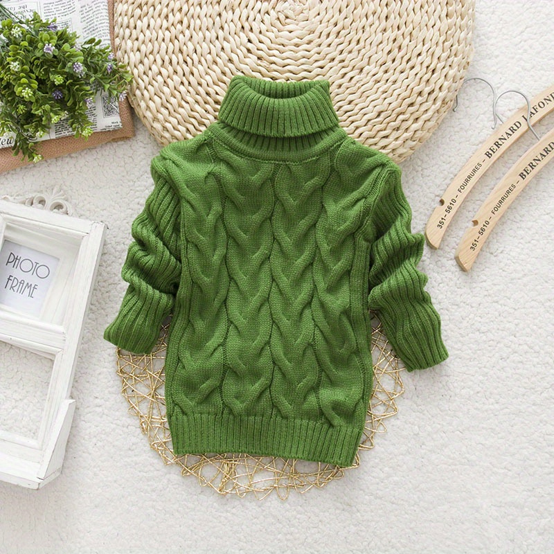 [Kids' | Casual Sweater] 1pc Kids' Casual High Neck Sweater | Solid Color Knit Pullover with Torsade Pattern, Stretch Fabric, Long Sleeve Top | for Boys and Girls - Autumn/Winter Collection