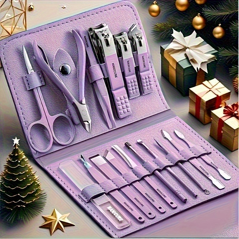 16pcs 14cm/11cm Premium Stainless Steel Nail Care Tool Set with Straight Edge Nail File, Ear Pick, and Scissors - Modern Style Professional Travel Beauty Kit in 3 Colors Available