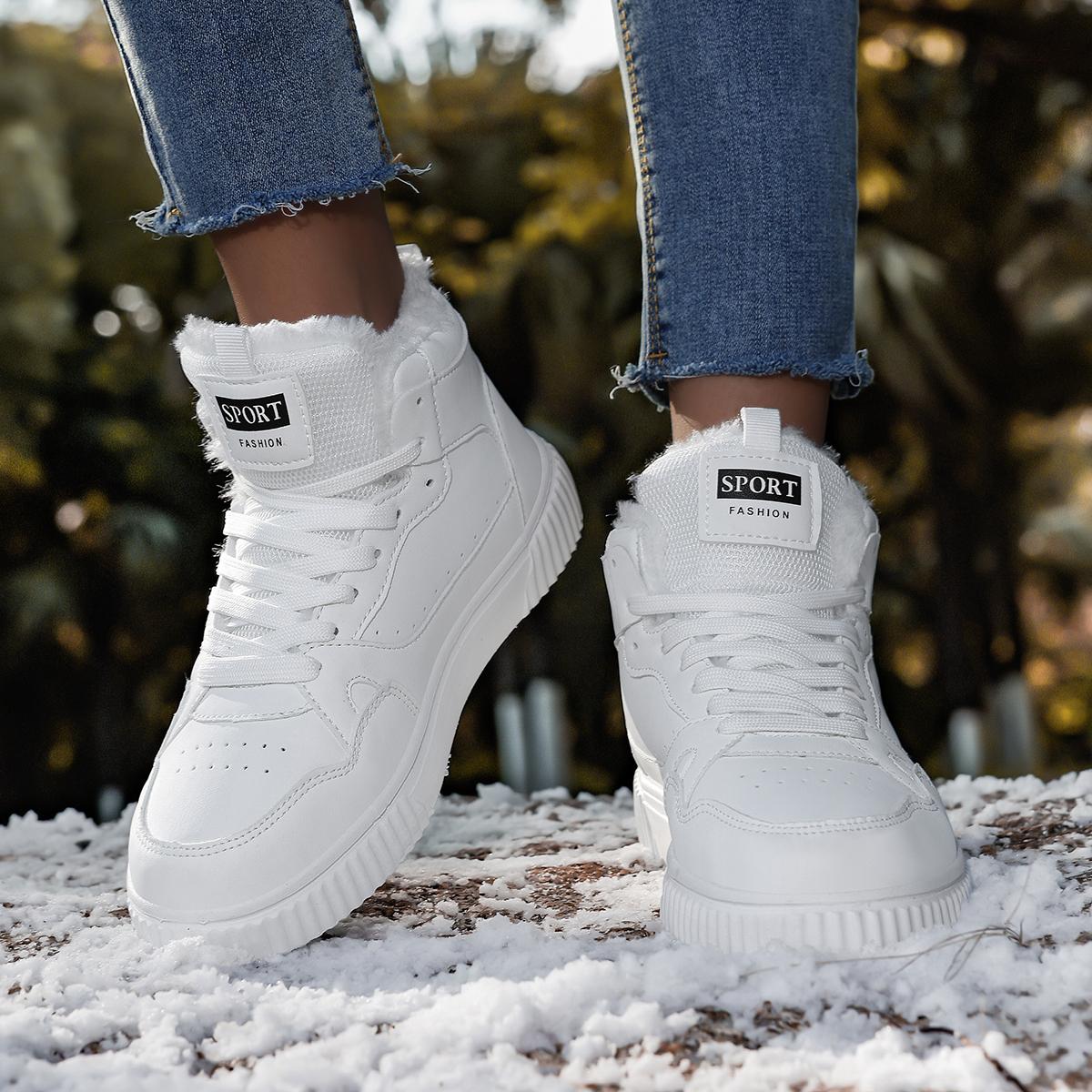 Women'S Winter High-Top Boots - Warm Fleece-Lined Ankle Boots with Thick MD Sole, Lace-Up Casual Style, Lightweight and Comfortable for Cold Weather, Perfect for Casual Attire, Winter Boots, White Boot For Woman With Black Sole, Bootie Sneaker For Woman, High White Sneaker For Woman, Wide White Sneaker Casual Woman, Addie Shoe For Women