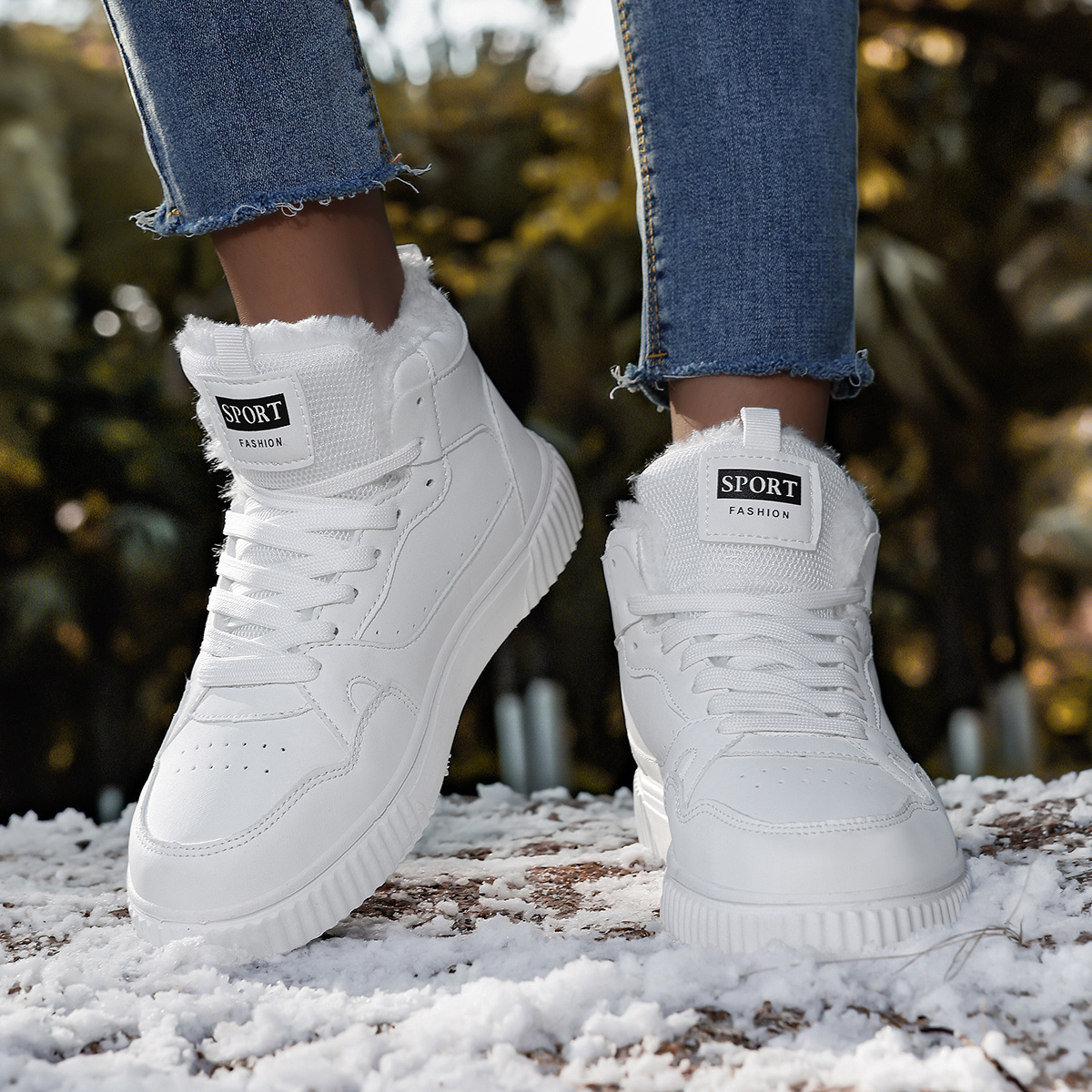 Women'S Winter High-Top Boots - Warm Fleece-Lined Ankle Boots with Thick MD Sole, Lace-Up Casual Style, Lightweight and Comfortable for Cold Weather, Perfect for Casual Attire, Winter Boots, White Boot For Woman With Black Sole, Bootie Sneaker For Woman, High White Sneaker For Woman, Wide White Sneaker Casual Woman, Addie Shoe For Women