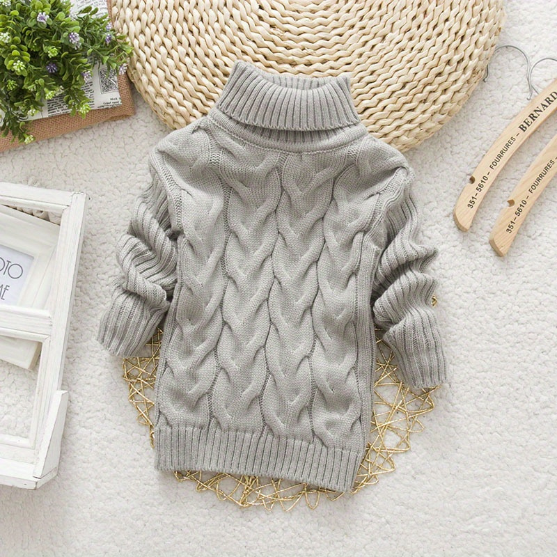 [Kids' | Casual Sweater] 1pc Kids' Casual High Neck Sweater | Solid Color Knit Pullover with Torsade Pattern, Stretch Fabric, Long Sleeve Top | for Boys and Girls - Autumn/Winter Collection