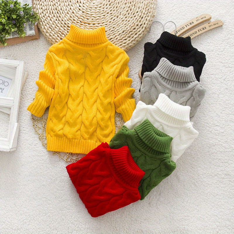 [Kids' | Casual Sweater] 1pc Kids' Casual High Neck Sweater | Solid Color Knit Pullover with Torsade Pattern, Stretch Fabric, Long Sleeve Top | for Boys and Girls - Autumn/Winter Collection