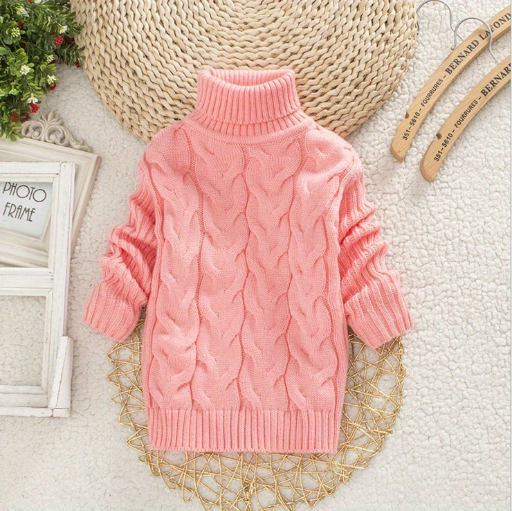 [Kids' | Casual Sweater] 1pc Kids' Casual High Neck Sweater | Solid Color Knit Pullover with Torsade Pattern, Stretch Fabric, Long Sleeve Top | for Boys and Girls - Autumn/Winter Collection
