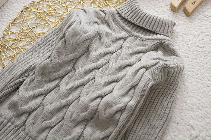 [Kids' | Casual Sweater] 1pc Kids' Casual High Neck Sweater | Solid Color Knit Pullover with Torsade Pattern, Stretch Fabric, Long Sleeve Top | for Boys and Girls - Autumn/Winter Collection