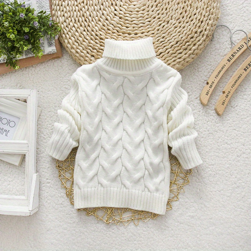 [Kids' | Casual Sweater] 1pc Kids' Casual High Neck Sweater | Solid Color Knit Pullover with Torsade Pattern, Stretch Fabric, Long Sleeve Top | for Boys and Girls - Autumn/Winter Collection