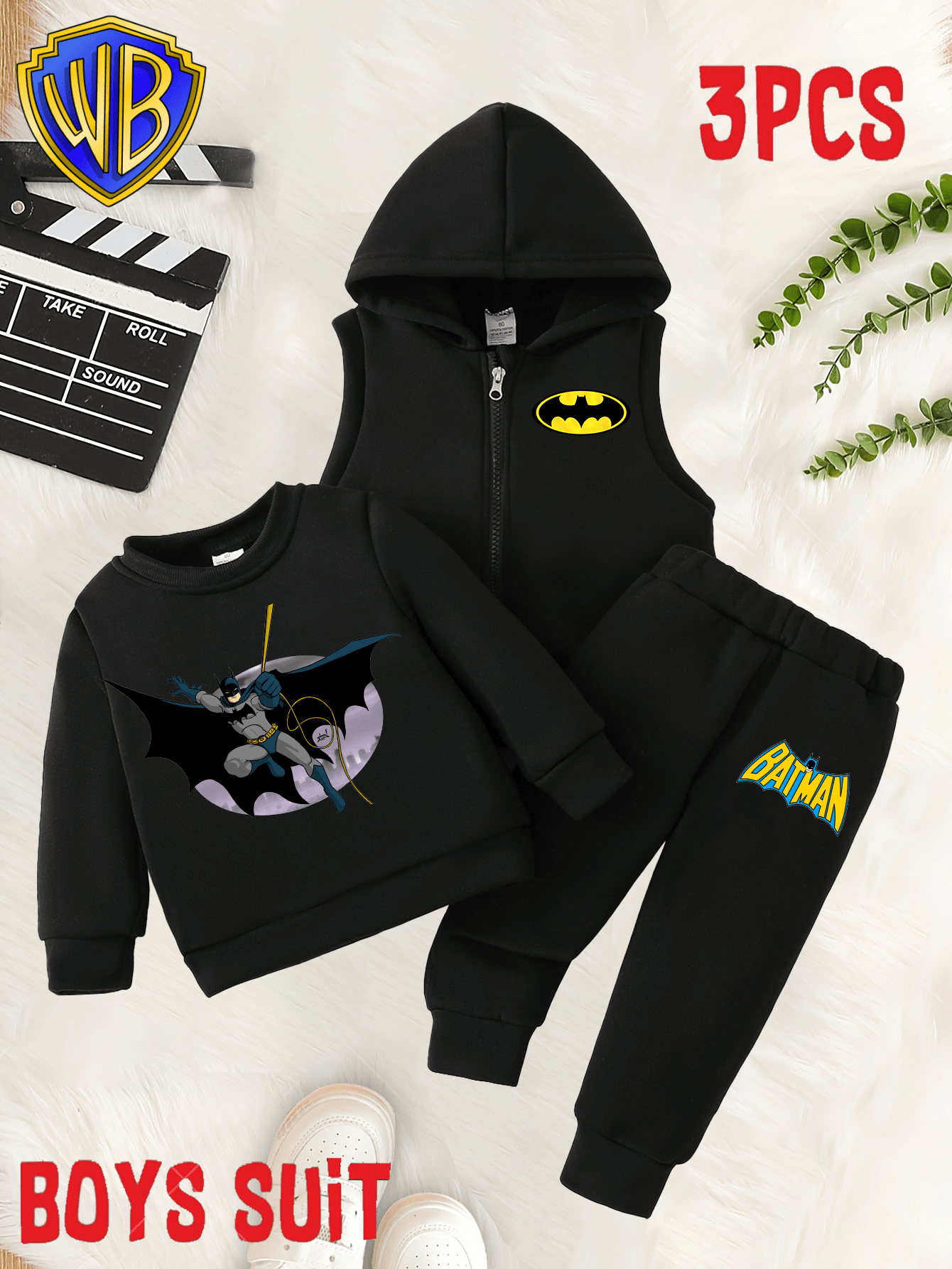 [Officially Licensed] Warner Bros Batman 3pcs Outfit Set - Hooded Vest + Long Sleeve Shirt + Pants | Winter Upgrade for Boys 0-12 Years | Superhero | School, Party & Casual Attire | Durable Kids Clothing | Perfect Christmas/ Birthday Gift, Perfect for Outdoor