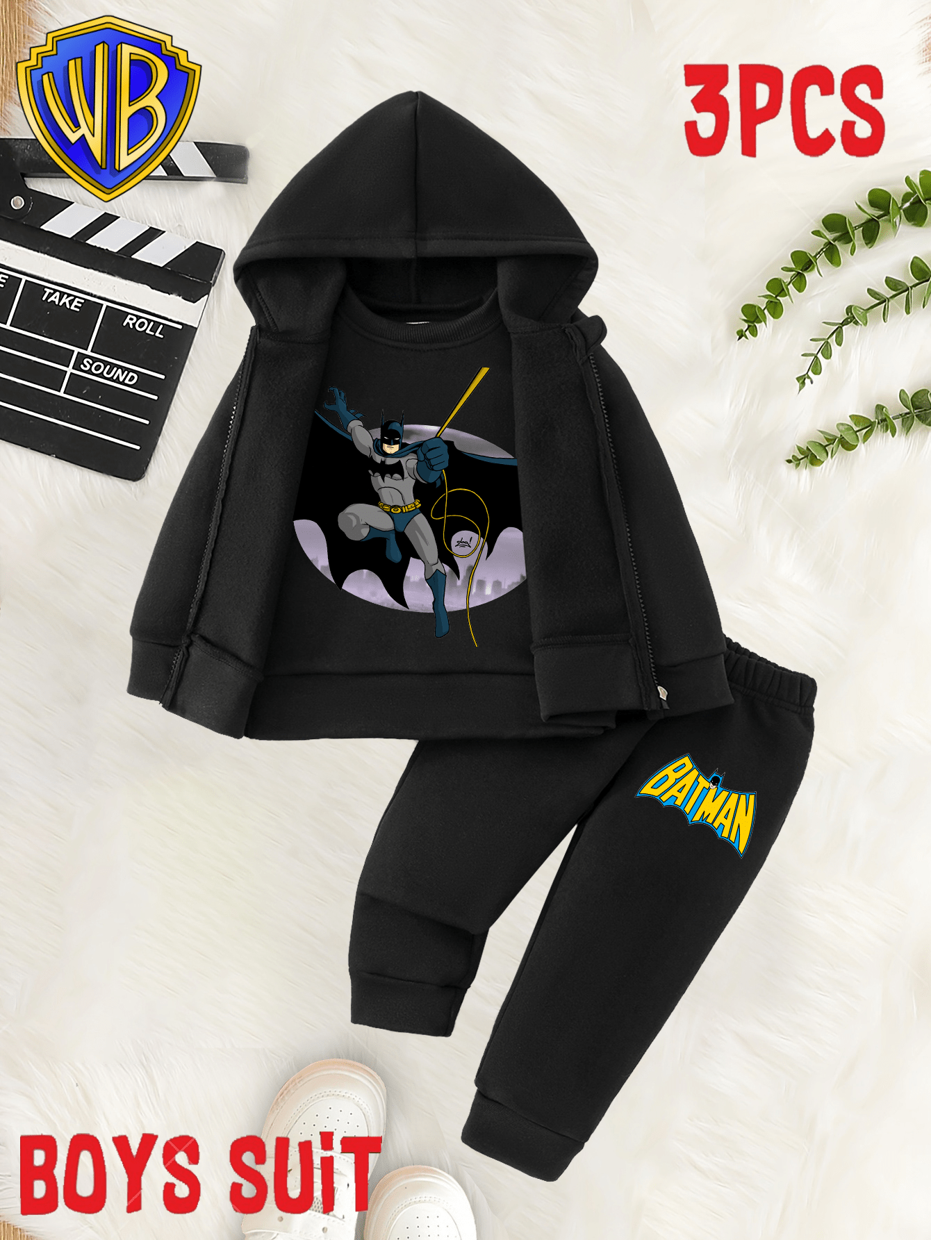 [Officially Licensed] Warner Bros Batman 3pcs Outfit Set - Hooded Vest + Long Sleeve Shirt + Pants | Winter Upgrade for Boys 0-12 Years | Superhero | School, Party & Casual Attire | Durable Kids Clothing | Perfect Christmas/ Birthday Gift, Perfect for Outdoor
