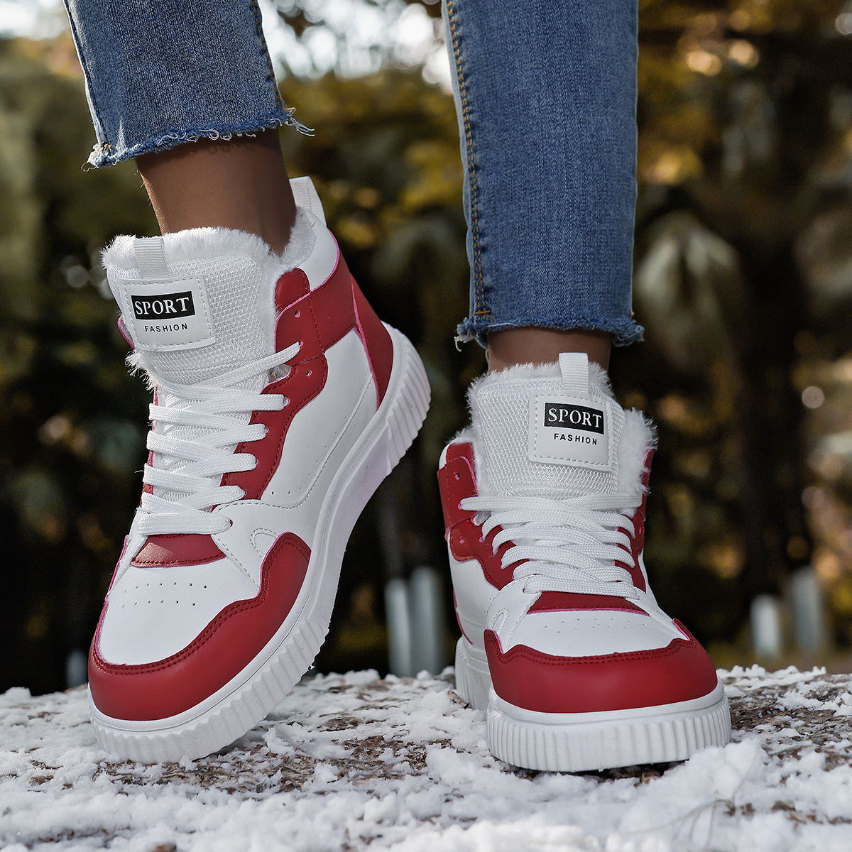 Women'S Winter High-Top Boots - Warm Fleece-Lined Ankle Boots with Thick MD Sole, Lace-Up Casual Style, Lightweight and Comfortable for Cold Weather, Perfect for Casual Attire, Winter Boots, White Boot For Woman With Black Sole, Bootie Sneaker For Woman, High White Sneaker For Woman, Wide White Sneaker Casual Woman, Addie Shoe For Women