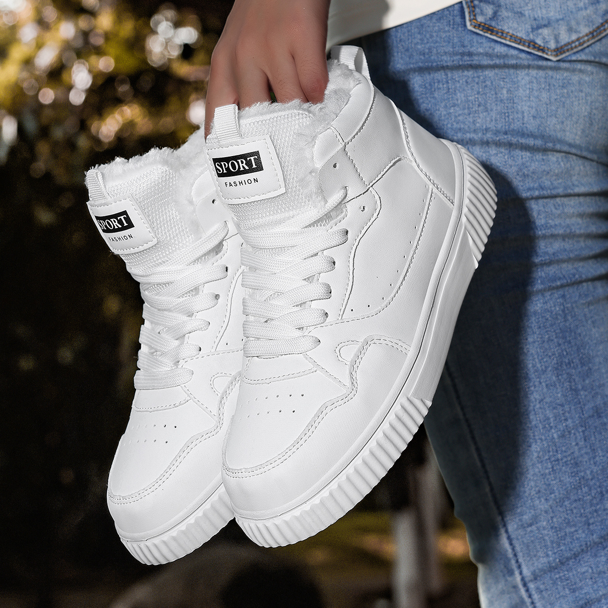 Women'S Winter High-Top Boots - Warm Fleece-Lined Ankle Boots with Thick MD Sole, Lace-Up Casual Style, Lightweight and Comfortable for Cold Weather, Perfect for Casual Attire, Winter Boots, White Boot For Woman With Black Sole, Bootie Sneaker For Woman, High White Sneaker For Woman, Wide White Sneaker Casual Woman, Addie Shoe For Women