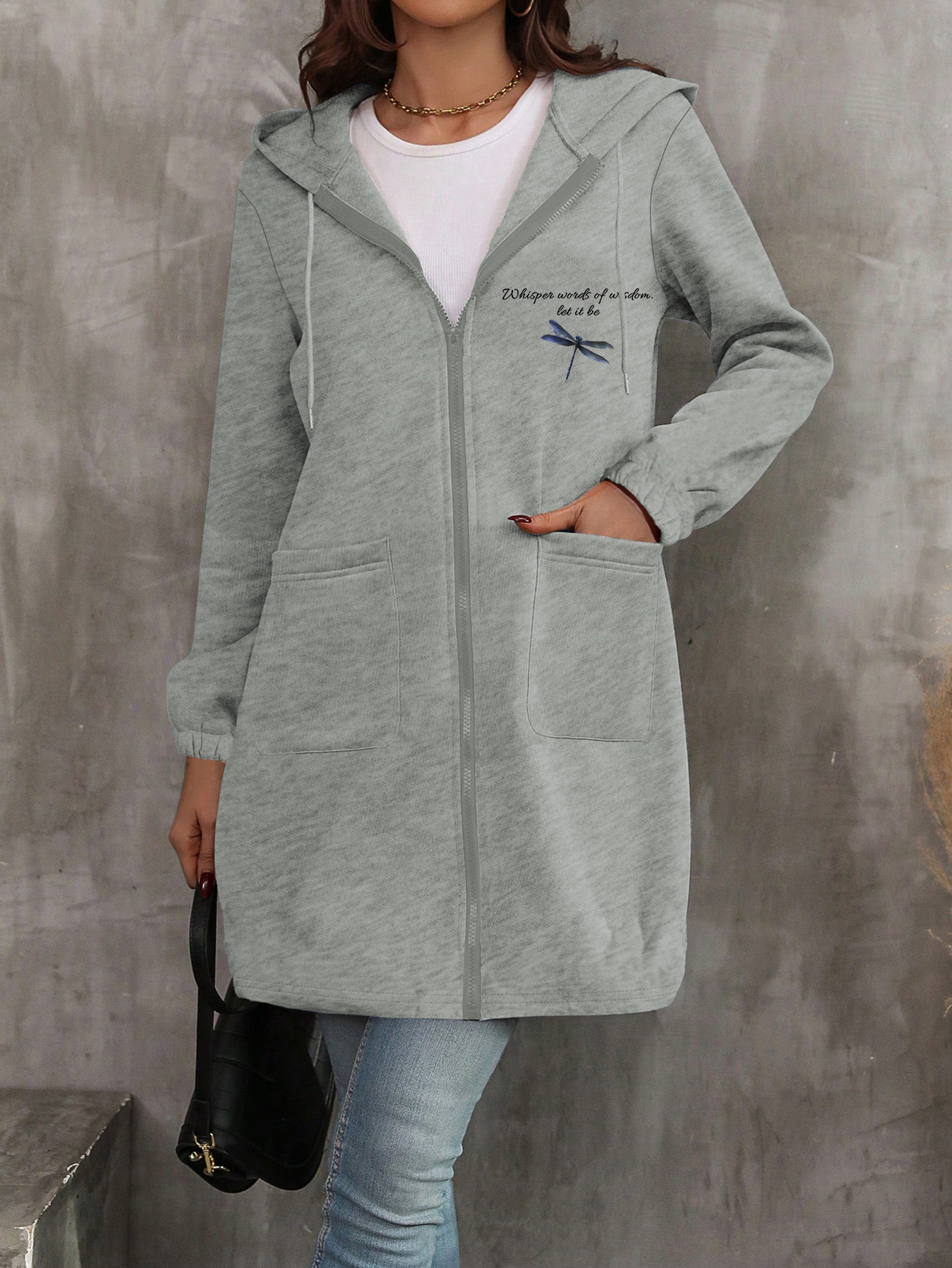 Women's Full-Zip Hooded Jacket with Butterfly & Letter Print, Long Oversized Coat - Full-Zip Front Closure, Chest Pocket & Hooded Collar, Machine Washable Winter Outerwear (Casual to Professional) Coat for //Travel (Grey) - Image 5