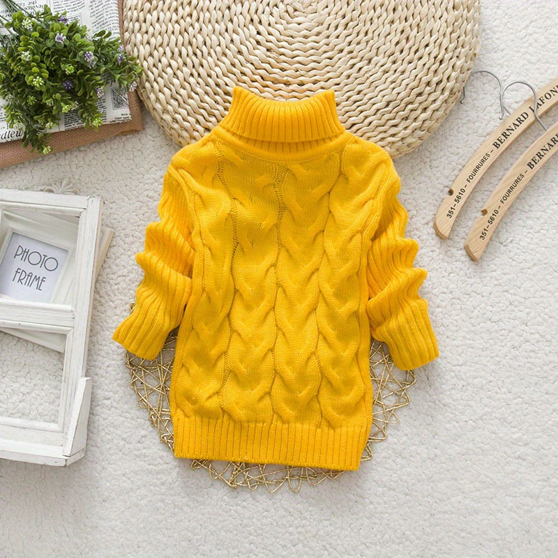 [Kids' | Casual Sweater] 1pc Kids' Casual High Neck Sweater | Solid Color Knit Pullover with Torsade Pattern, Stretch Fabric, Long Sleeve Top | for Boys and Girls - Autumn/Winter Collection