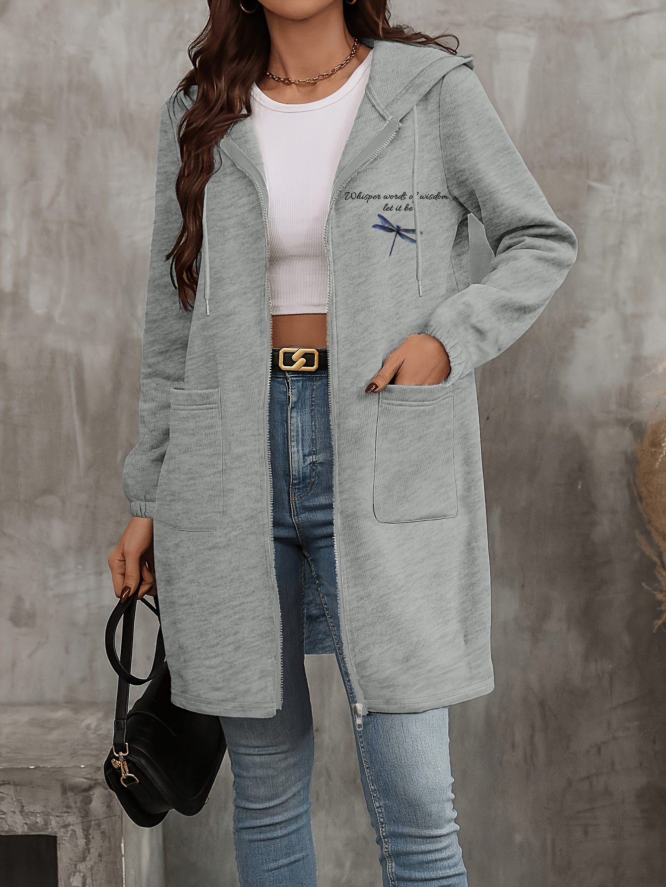 Women's Full-Zip Hooded Jacket with Butterfly & Letter Print, Long Oversized Coat - Full-Zip Front Closure, Chest Pocket & Hooded Collar, Machine Washable Winter Outerwear (Casual to Professional) Coat for //Travel (Grey)
