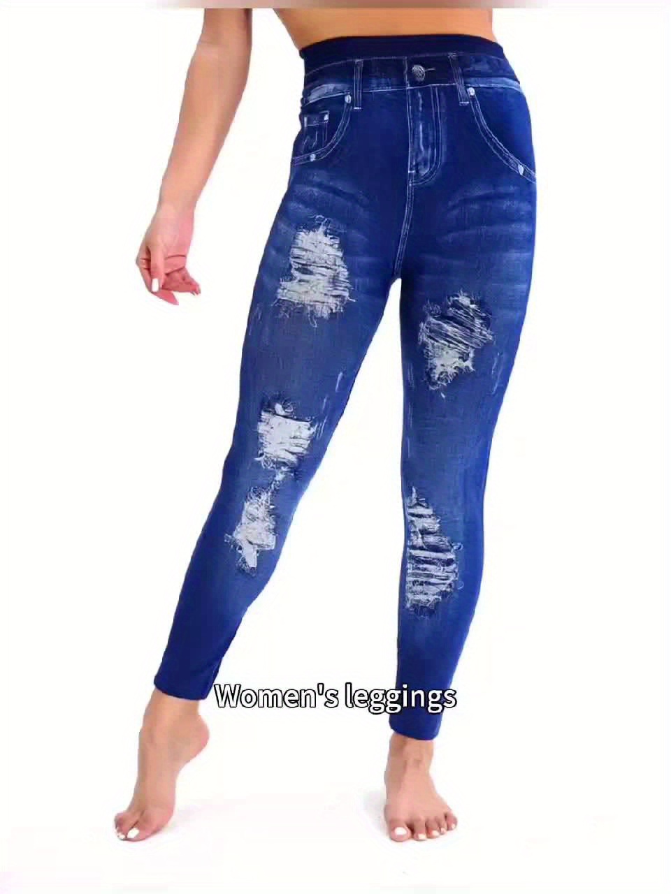 Women'S High-Waisted Cropped Faux Denim, 95% Polyester 5% Spandex, Elastic Skinny Fit, Ripped Bleached Pattern, Solid Color, Knit Fabric, Weekend Casual, All-Season, with Fake Pockets, Regular Fit, 220g/m² - Image 12