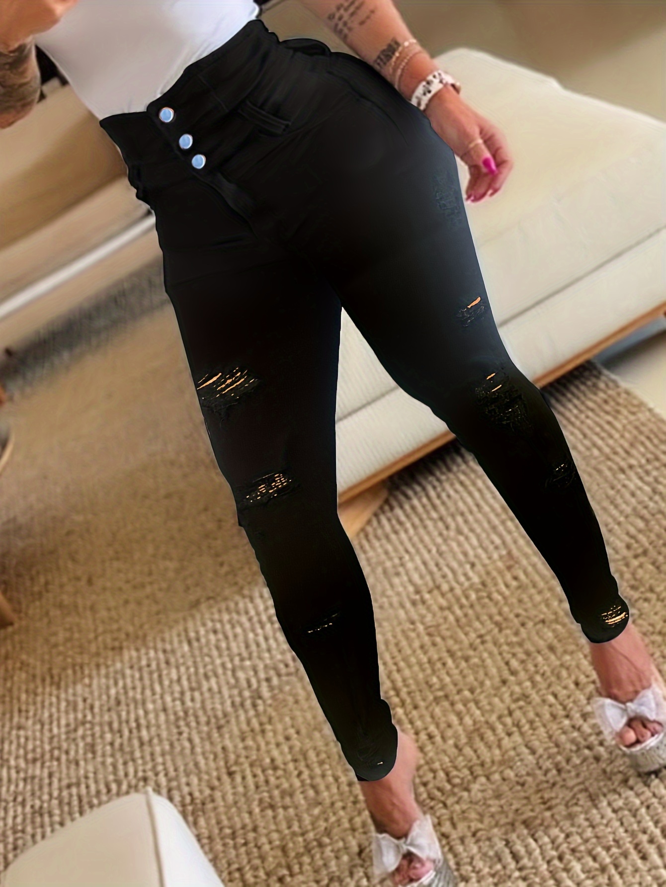 High Waist Women's Ripped Street Style Denim Jeans, Casual Skinny Stretch Trousers For Daily Wear