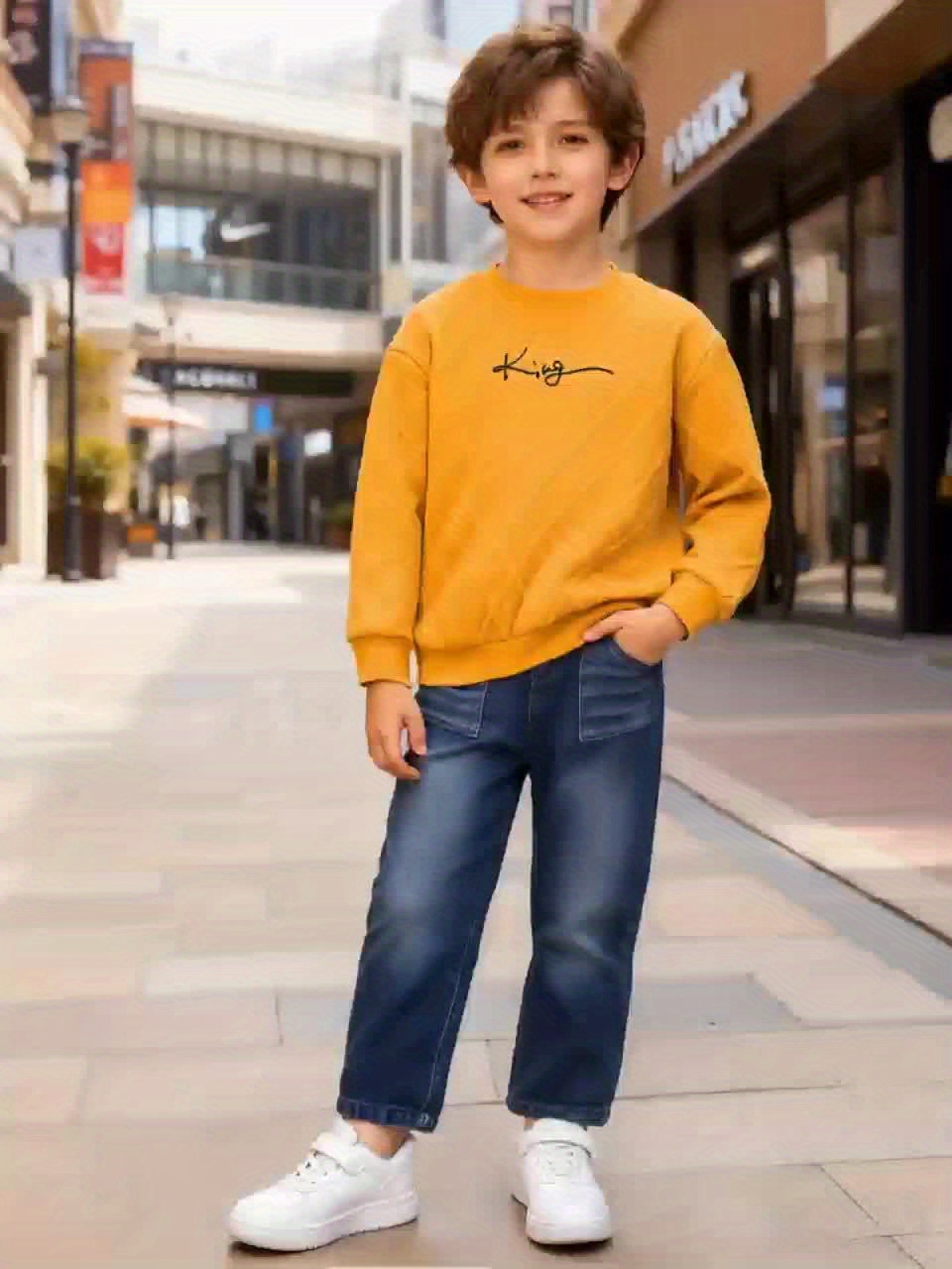 Two-Piece Boys' Youth Textured Fabric King Print Round Neck Long Sleeve Sweatshirt & Elastic Waist Slant Pocket Casual Faux Denim Set for Spring/Autumn, Perfect for Outdoor - Image 11