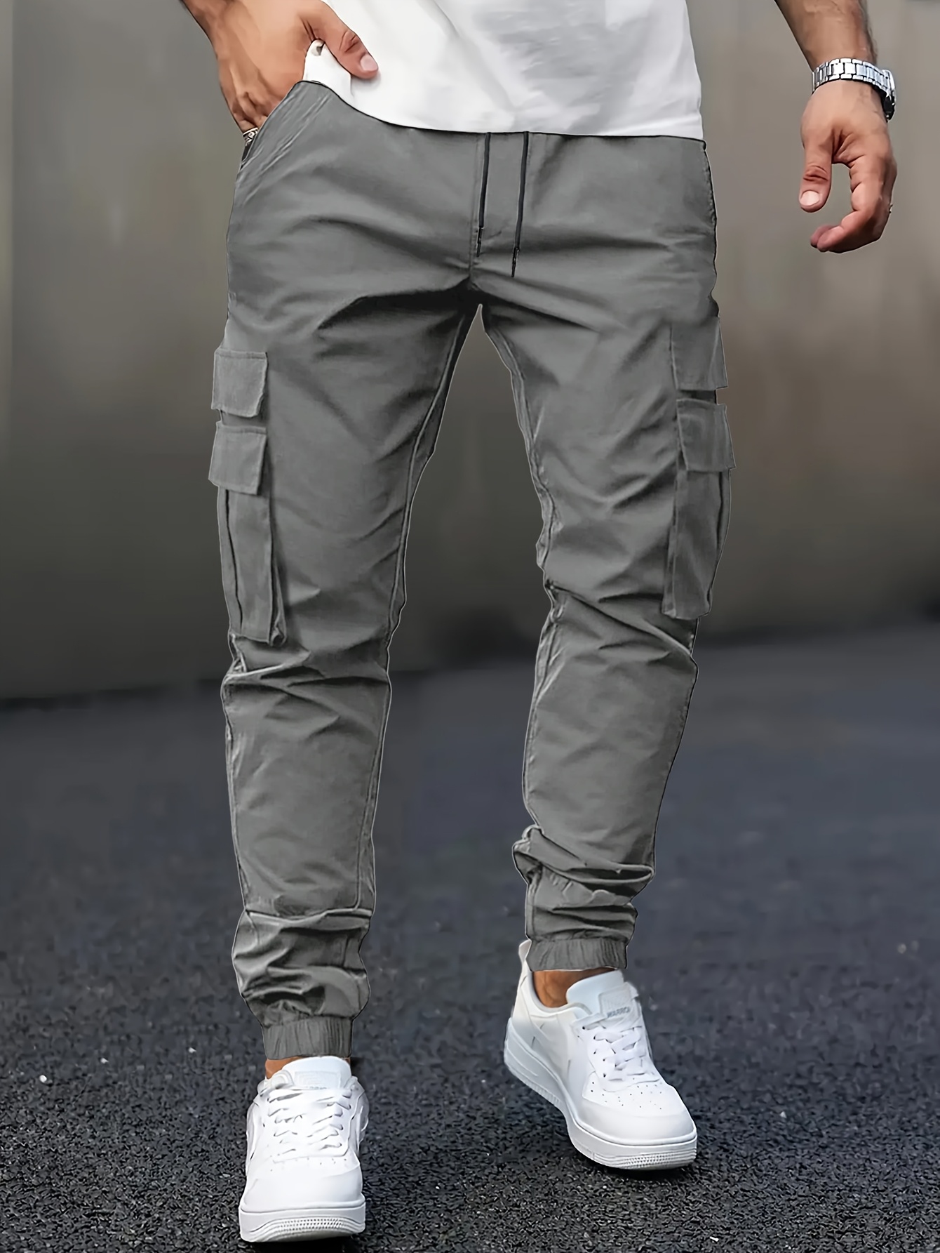 Men'S Casual Solid Color Cargo Pants | Street Style, Non-Stretch Fabric, Regular Length, Drawstring Waist, Ideal for Going Out, Festival Gift