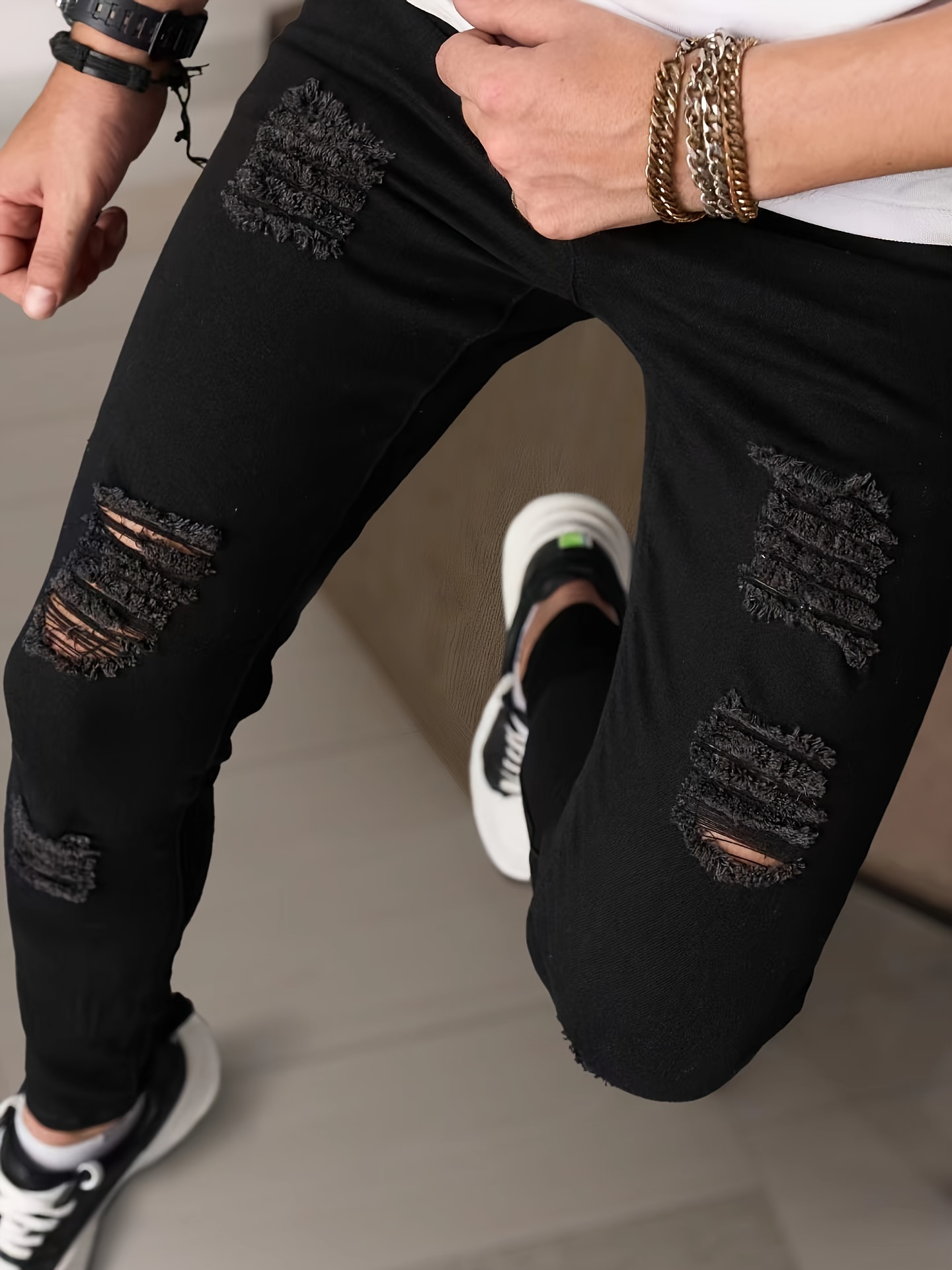 High Fashion Ripped Solid Color Long Pants for All Seasons, Versatile Black Jeans for Outings and Gatherings