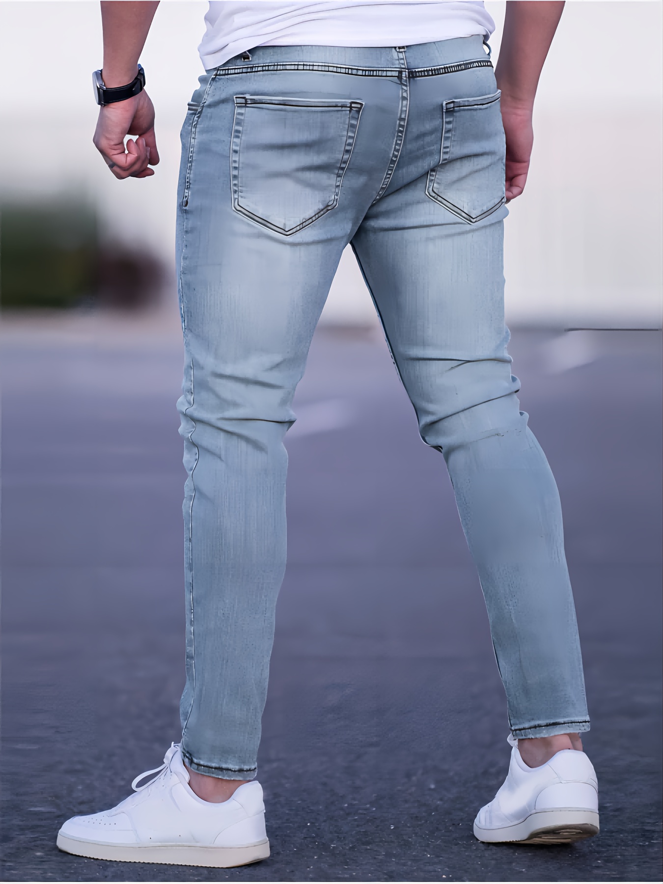 Men's Slim-Fit Stretch Denim Pants - Tight-Waist Stretchable Dress Pants with Washed Denim Color, Machine Washable All-Season Wear for Casual & Professional Outfits - Solid Color for of Matching Attire
