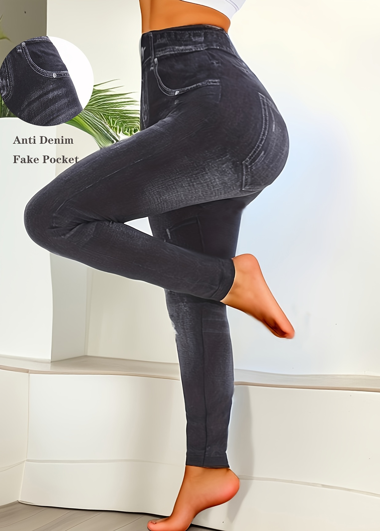 Women'S High-Waisted Cropped Faux Denim, 95% Polyester 5% Spandex, Elastic Skinny Fit, Ripped Bleached Pattern, Solid Color, Knit Fabric, Weekend Casual, All-Season, with Fake Pockets, Regular Fit, 220g/m²