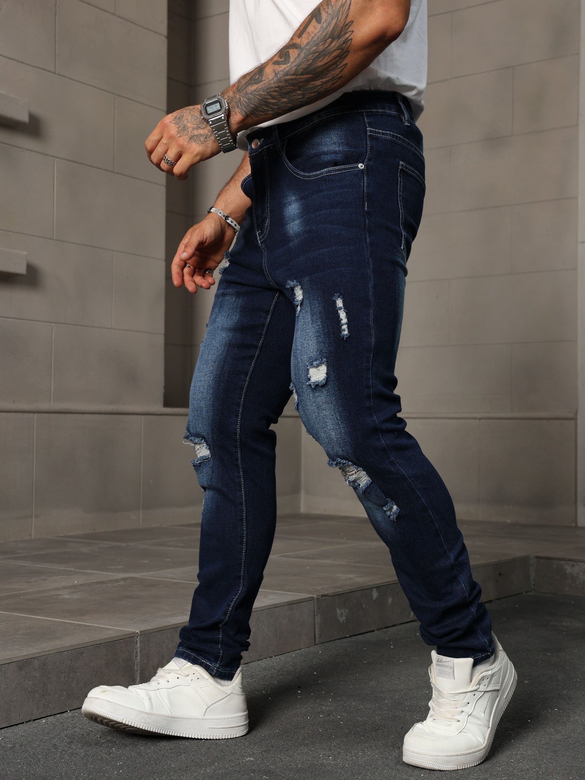 Men'S Slim-Fit Jeans - Stretchy, Solid Color, Medium Stretch, All-Season Comfort, Casual Style with Ripped Details, Perfect for Casual Attire, Casual Attire Jeans | Slim Fit Jeans | Stretchy Fabric - Image 6