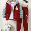 A Two-Piece Set for Boys Featuring a Hooded Baseball Jacket with a Faux Layered Color Design And Matching Long Pants. It Has Letter Pattern Prints, Showcasing a Stylish And Casual Style, Making It a Comfortable And Trendy Sports Outfit for Autumn An