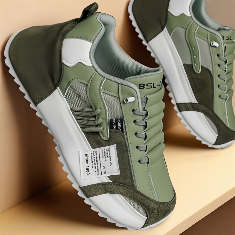 Men's Plus Size Casual Sneakers - Breathable Fabric Low-Top Lace-Up Shoes with PVC Sole, All-Season Versatile Design for Daily Wear & Light Sports, Olive Green & White, Active Lifestyle, Sporty Look, Secure Closure, Athletic Footwear, Everyday Wearers