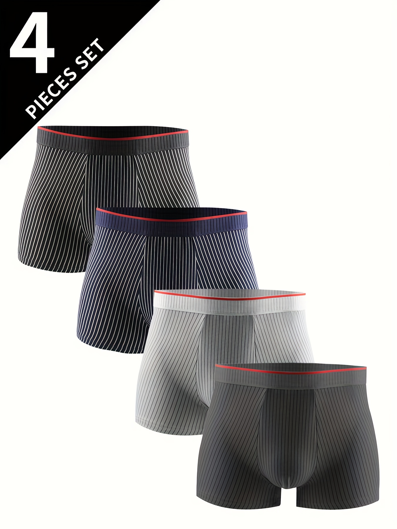 4pcs Men's Breathable Comfortable Stretch Boxer Briefs, Fashionable Versatile Underwear, Sports Shorts, Large Size Striped Style Color-Blocked Red Trim Belt, Ice Silky Fabric, Cool Comfort for Daily & Casual Wear