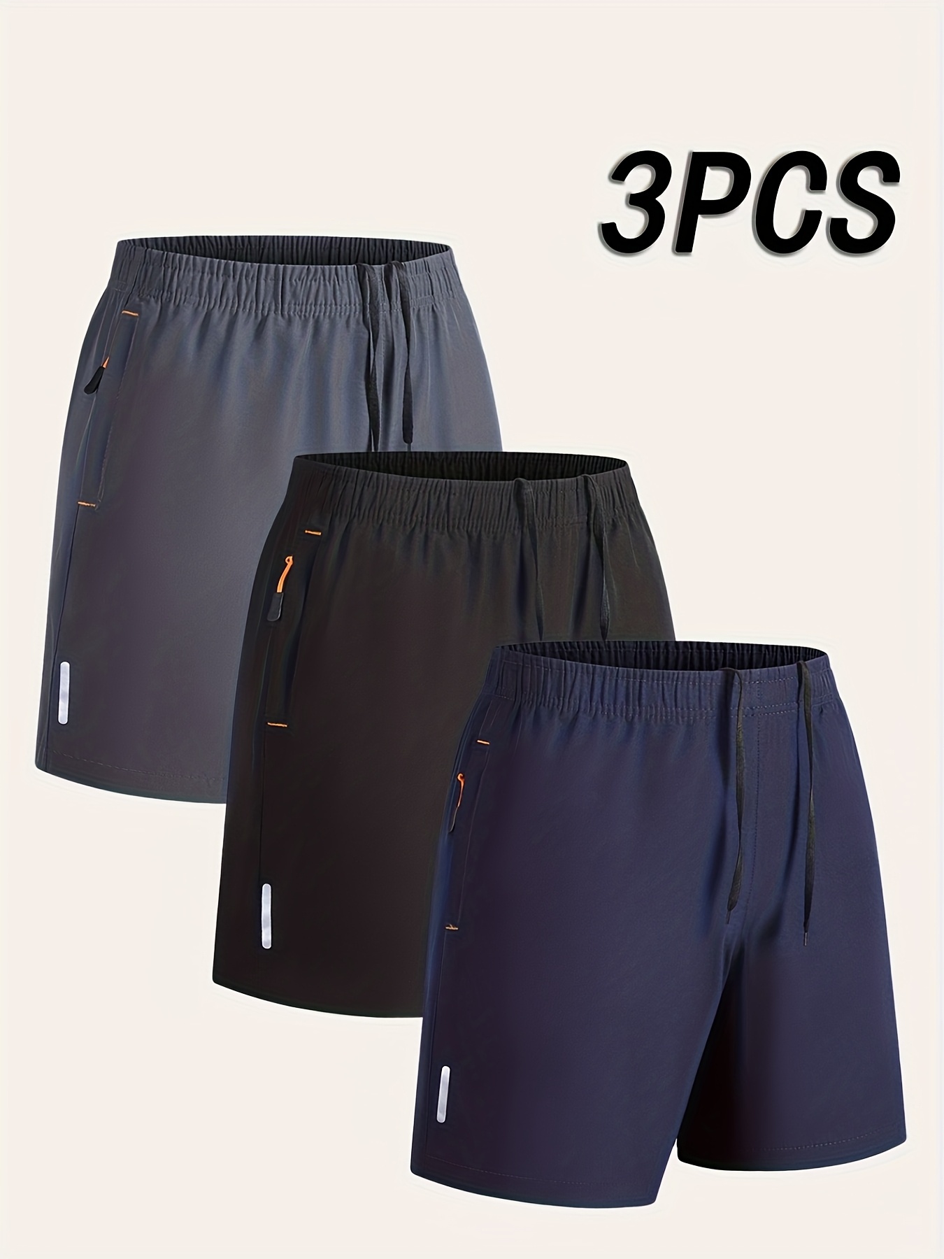 Three-Pack Men's Athletic Casual Shorts, Ideal for Fitness, Solid Color Breathable Quick-Dry Style with Zippered Pockets and Waist Drawstring, Suitable for Outdoor Activities & Workout Training, Reflective Strip Design