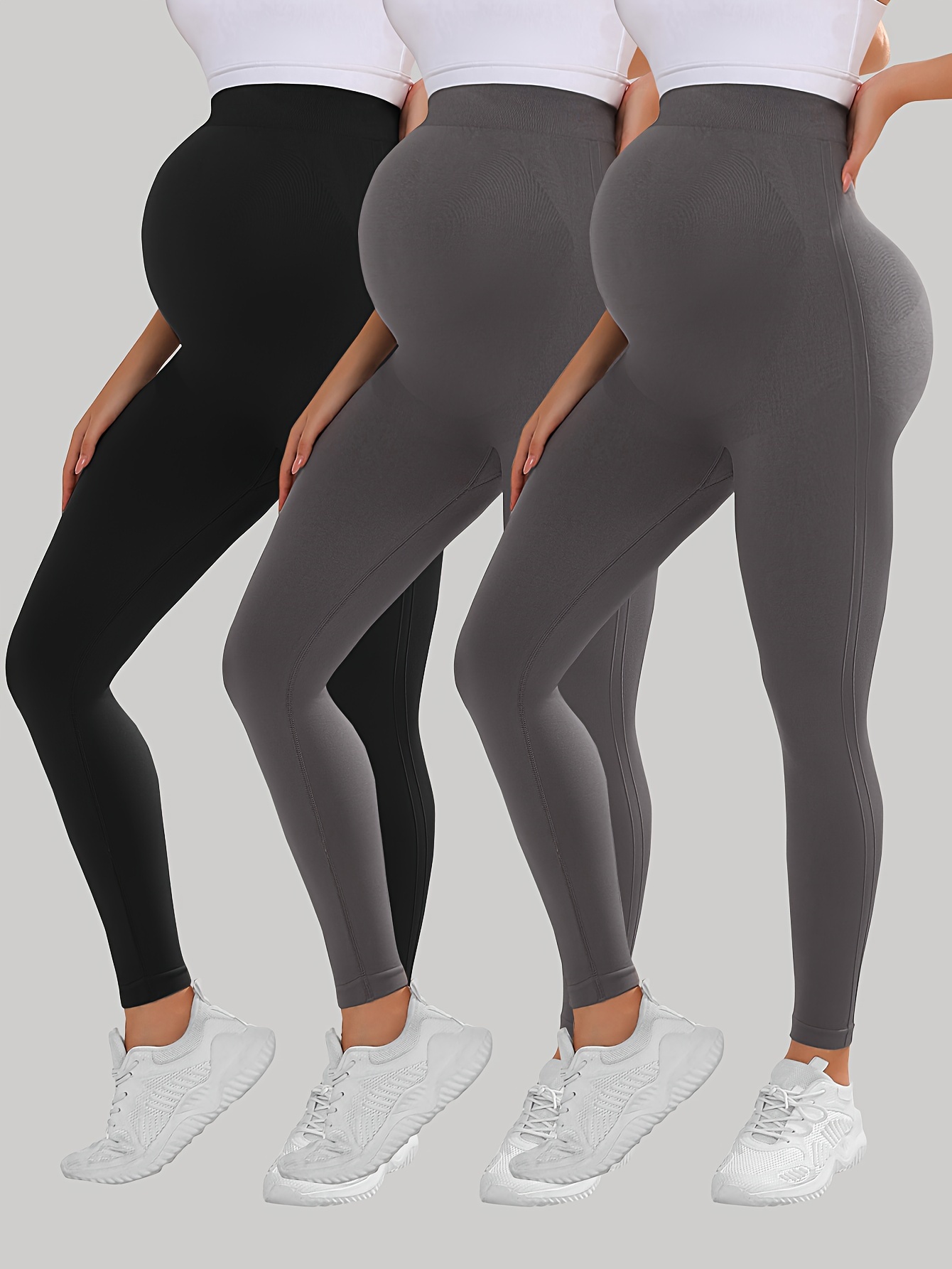 3Pcs Women's Solid Color Maternity Leggings, Slim Fit High Stretchy Yoga Sports Pants For Pregnant Women