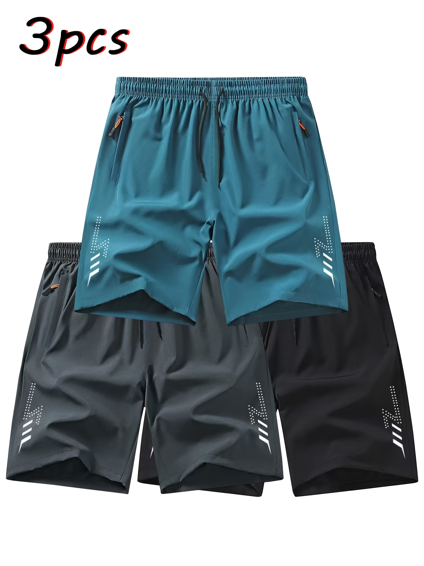 [Quick-Dry Men's Sports Shorts] 3pcs Men's Quick-Dry Breathable Outdoor Sports Shorts | Solid Color Printed Zipper Pocket Fitness Running Pants