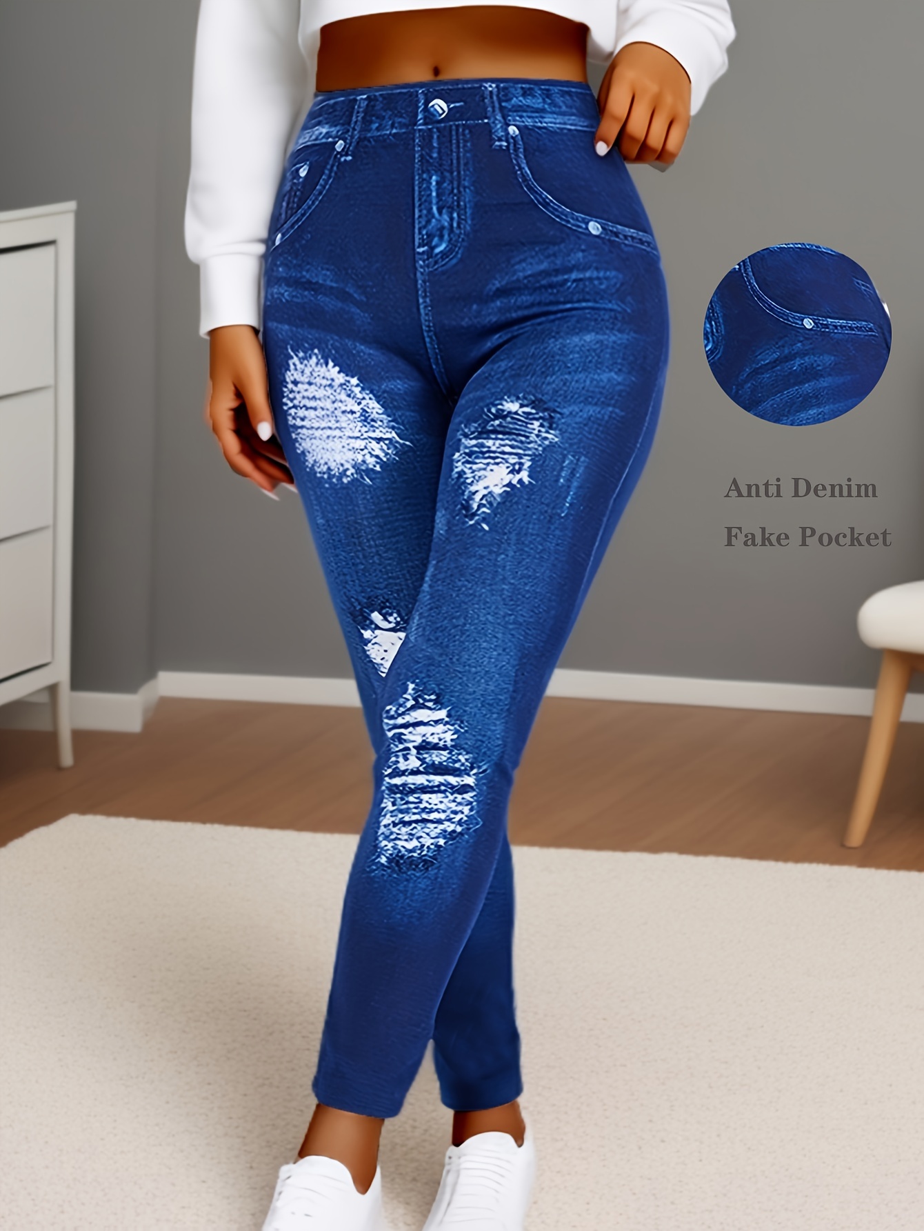 Women'S High-Waisted Cropped Faux Denim, 95% Polyester 5% Spandex, Elastic Skinny Fit, Ripped Bleached Pattern, Solid Color, Knit Fabric, Weekend Casual, All-Season, with Fake Pockets, Regular Fit, 220g/m²