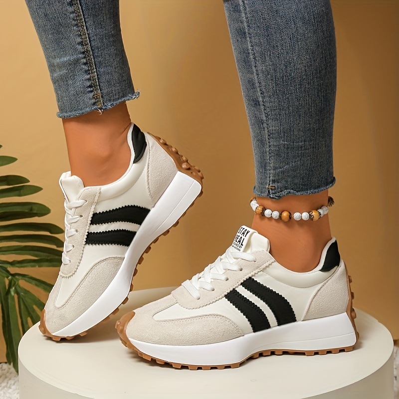 Women'S New Fashion Thick-soled Retro Outdoor Casual Sneakers | Lightweight, All-season, Striped, Fabric and Synthetic faux leather Upper, Rubber Sole - KOONEXY