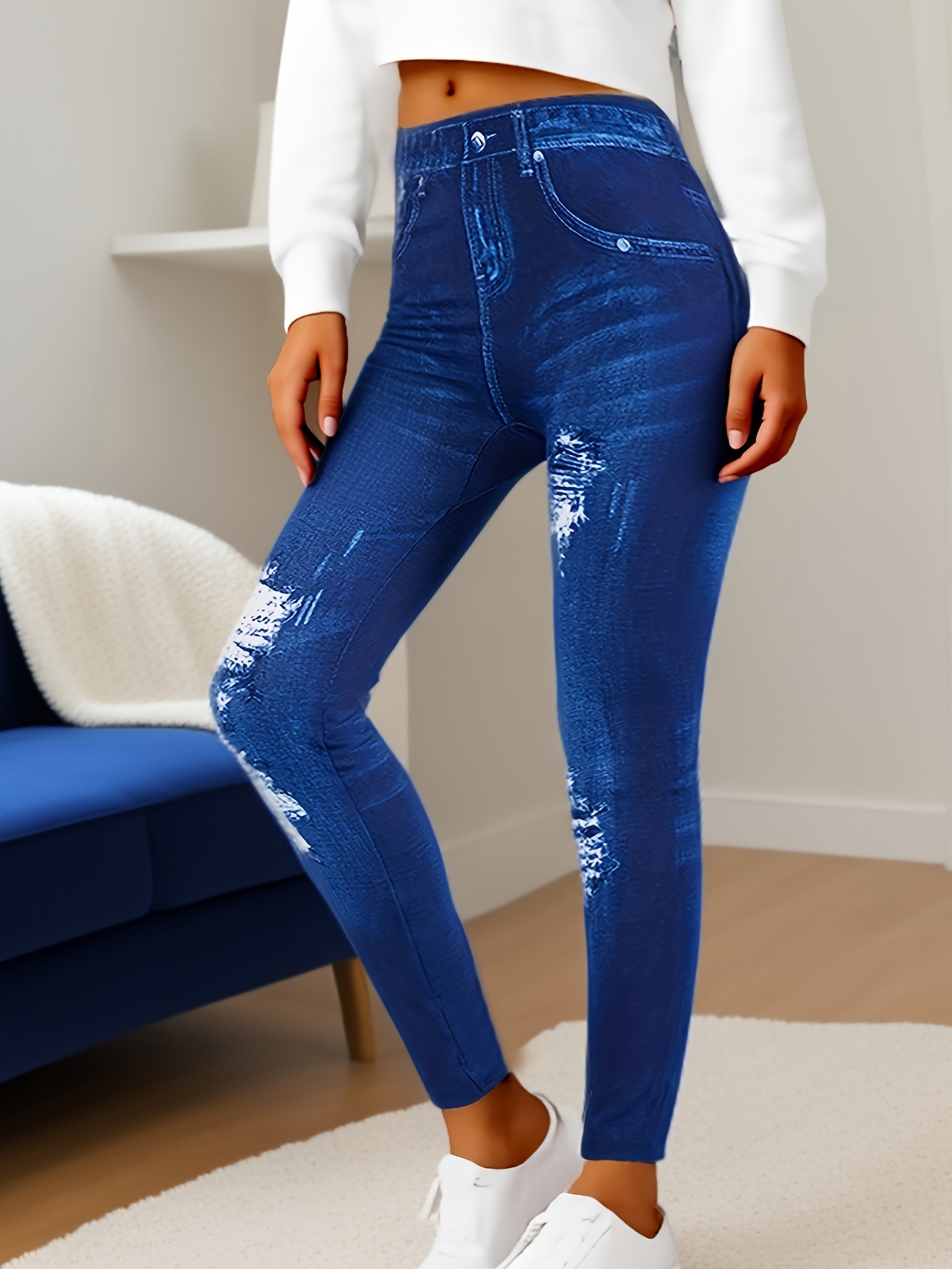 Women'S High-Waisted Cropped Faux Denim, 95% Polyester 5% Spandex, Elastic Skinny Fit, Ripped Bleached Pattern, Solid Color, Knit Fabric, Weekend Casual, All-Season, with Fake Pockets, Regular Fit, 220g/m²