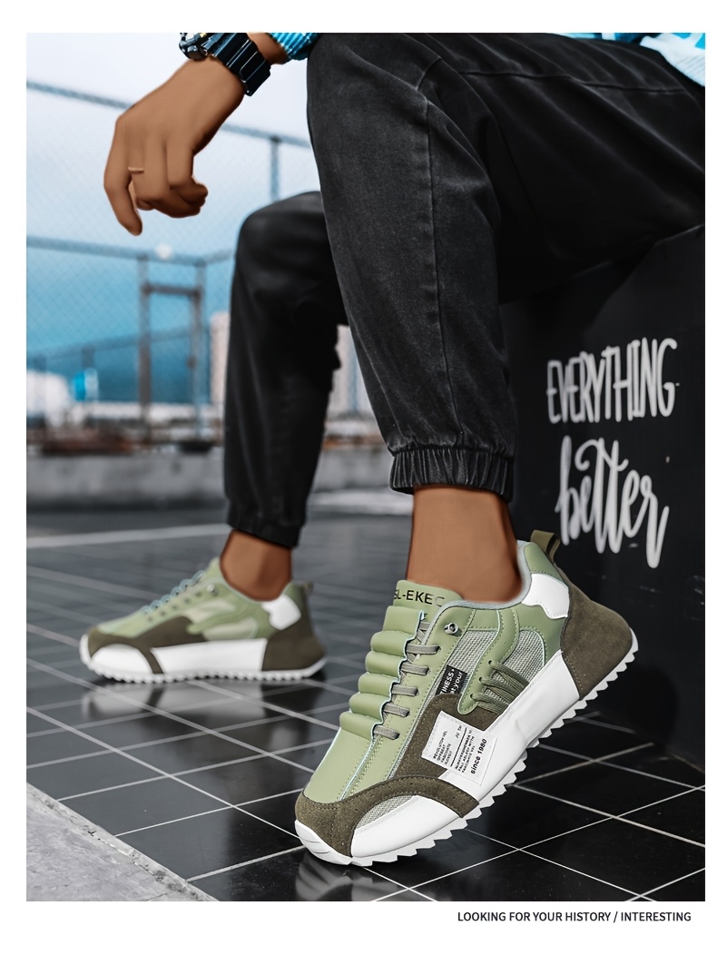 Men's Plus Size Casual Sneakers - Breathable Fabric Low-Top Lace-Up Shoes with PVC Sole, All-Season Versatile Design for Daily Wear & Light Sports, Olive Green & White, Active Lifestyle, Sporty Look, Secure Closure, Athletic Footwear, Everyday Wearers