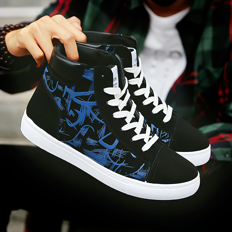 [Lightweight Skate Sneakers] Men's Lightweight Breathable Skate Sneakers | Anti-Slip PVC Sole, Mid-Top Lace-Up Design for All-Season Outdoor & Urban Streetwear, Graffiti Pattern, Durable Traction - Casual Skate Shoes